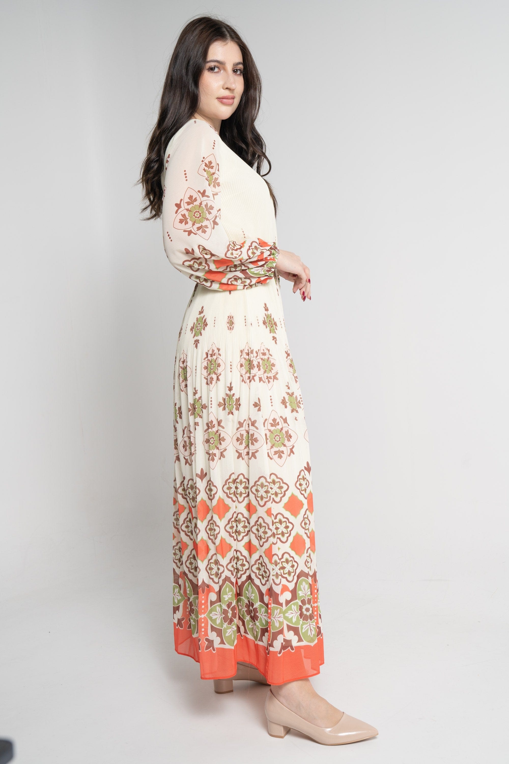 ميكا فستان ماكسي بأكمام 3/4 مورد نسائي أخضر فاتح