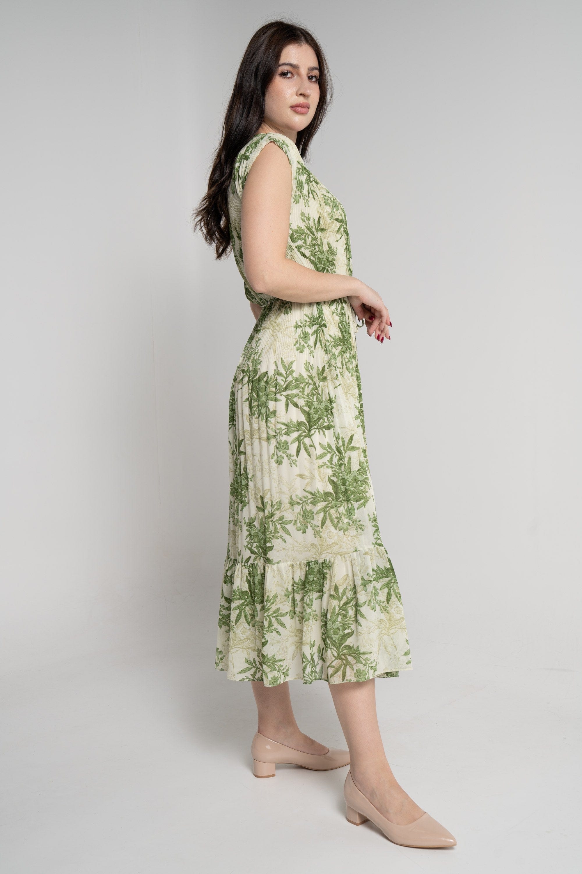 ميكا فستان ميدي بدون أكمام بليسية مشجر