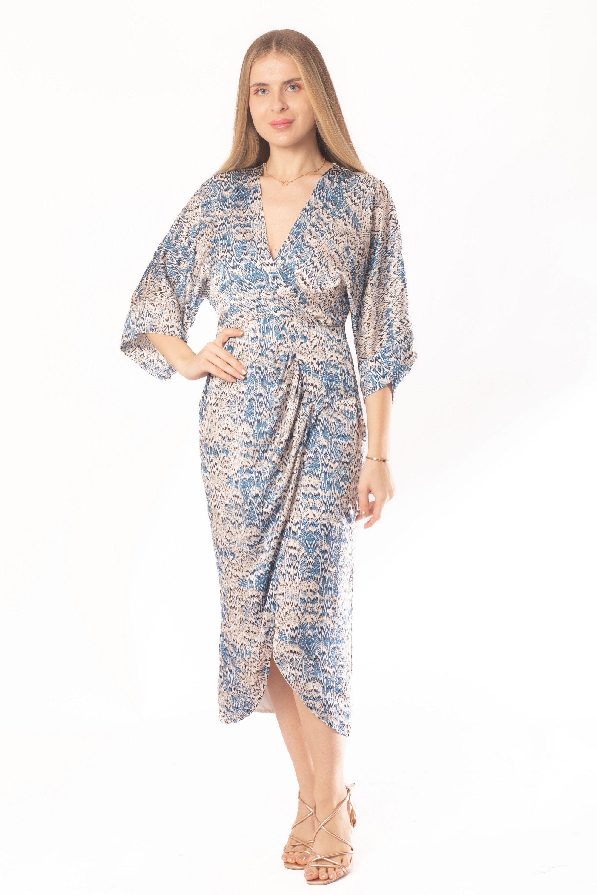 ميكا فستان ميدي 3/4 كم ملفوف منقوش نسائي