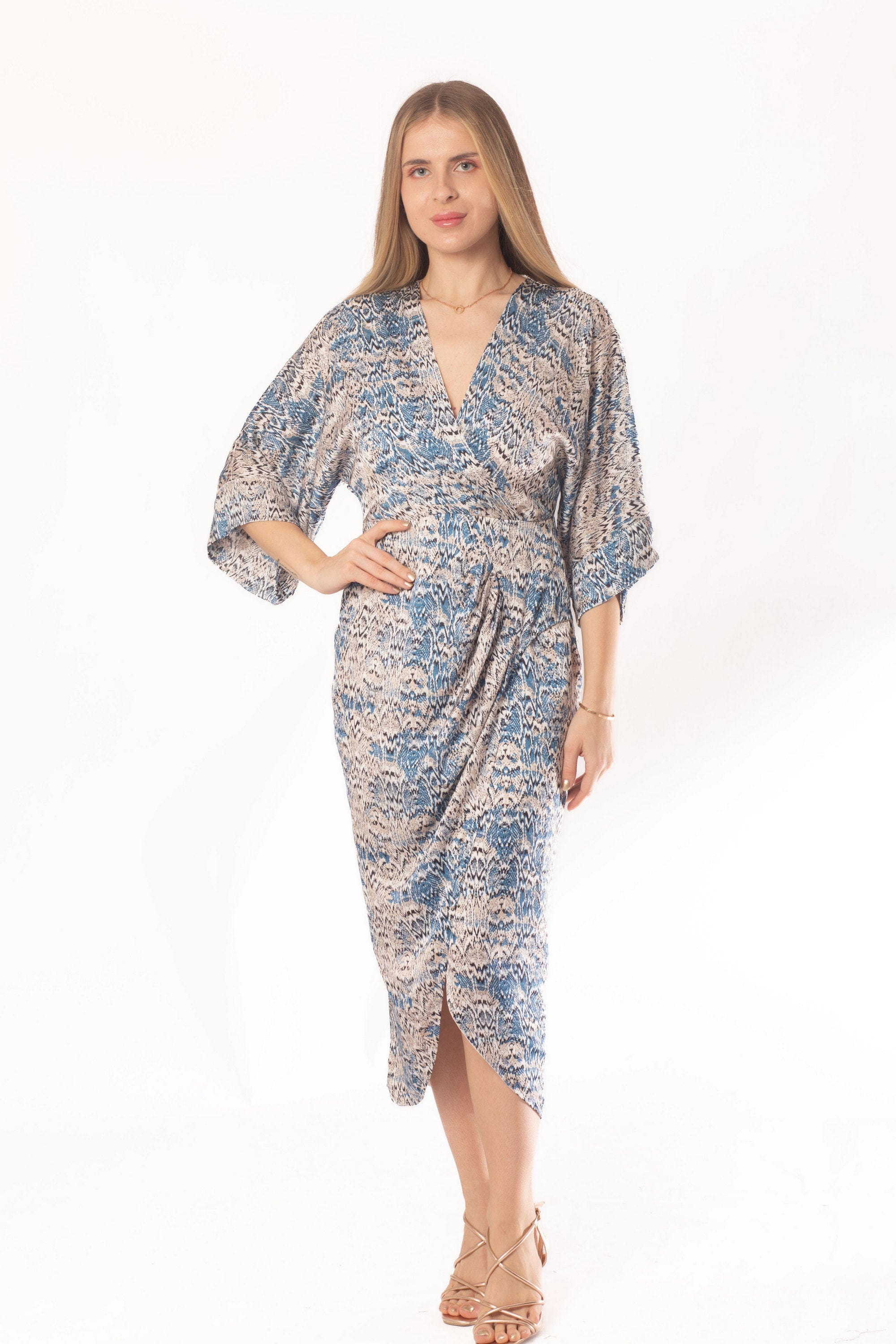 ميكا فستان ميدي 3/4 كم ملفوف منقوش نسائي