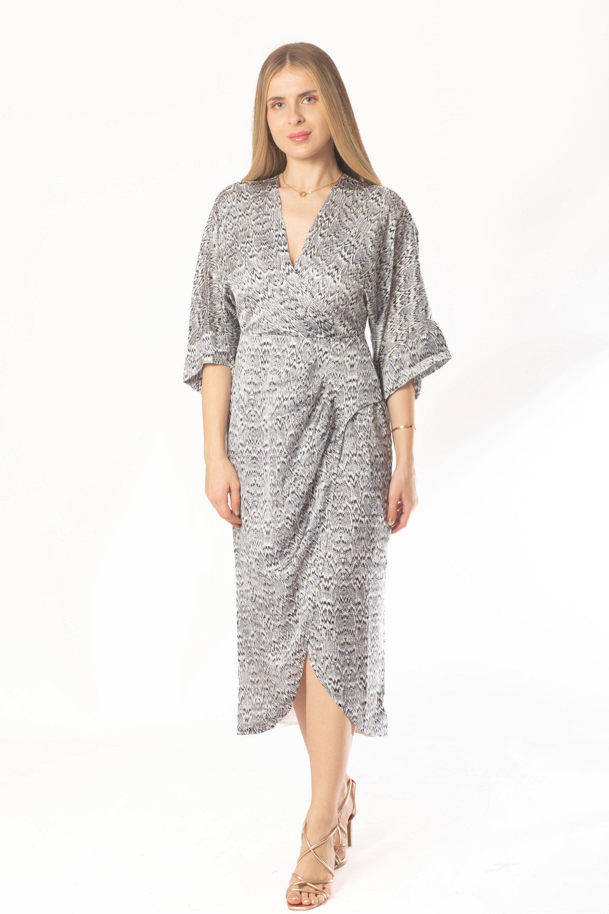 ميكا فستان ميدي 3/4 كم ملفوف منقوش نسائي