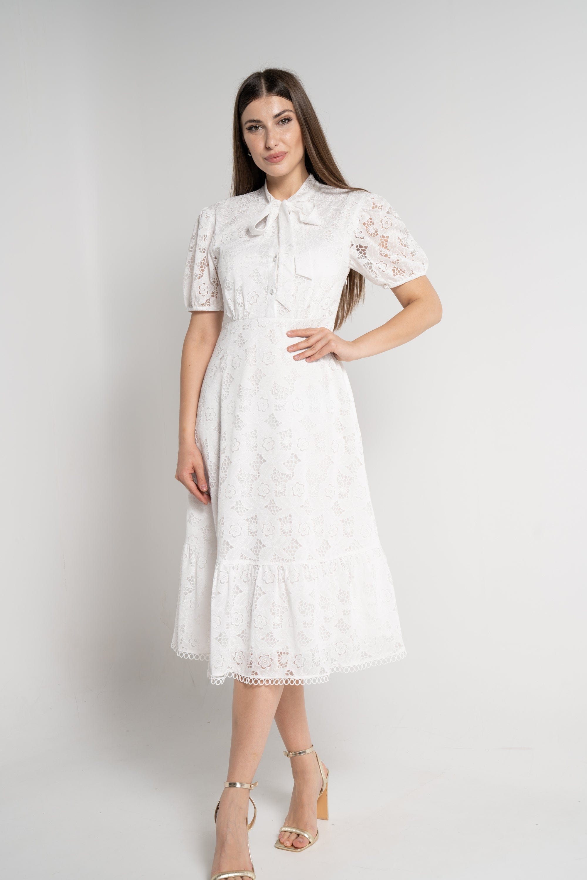 ميكا فستان ميدي مورد نص كم بياقة نسائي أوف وايت