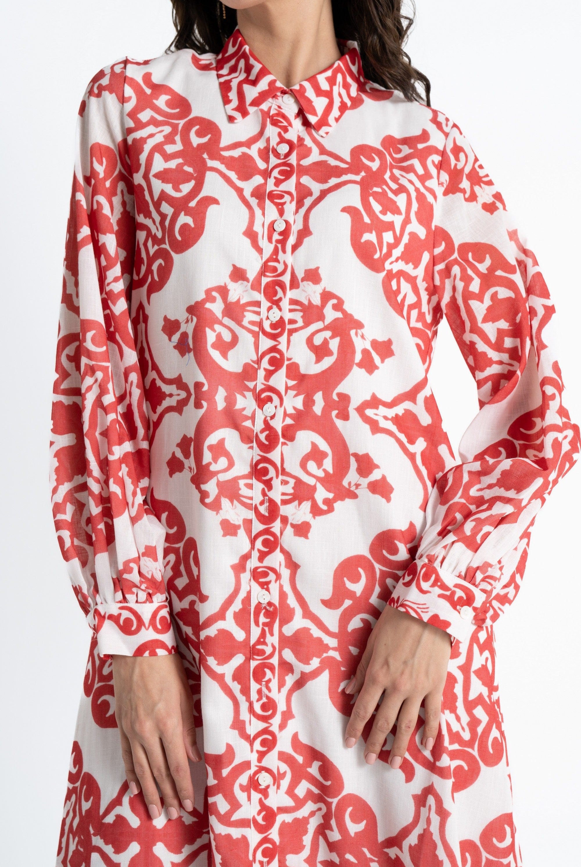 ميكا قميص طويل بأكمام طويلة منقوش بأزرار أمامية نسائي