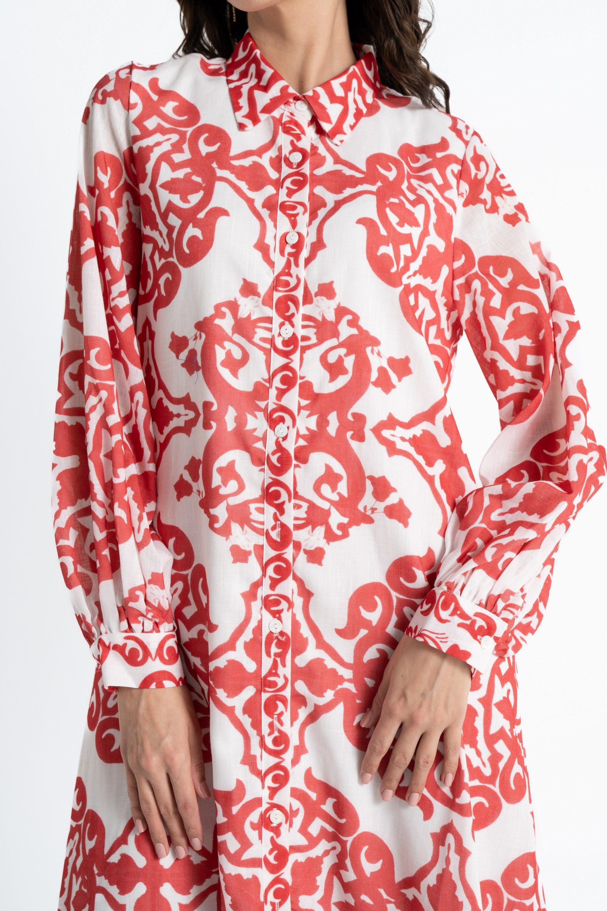 ميكا قميص طويل بأكمام طويلة منقوش بأزرار أمامية نسائي