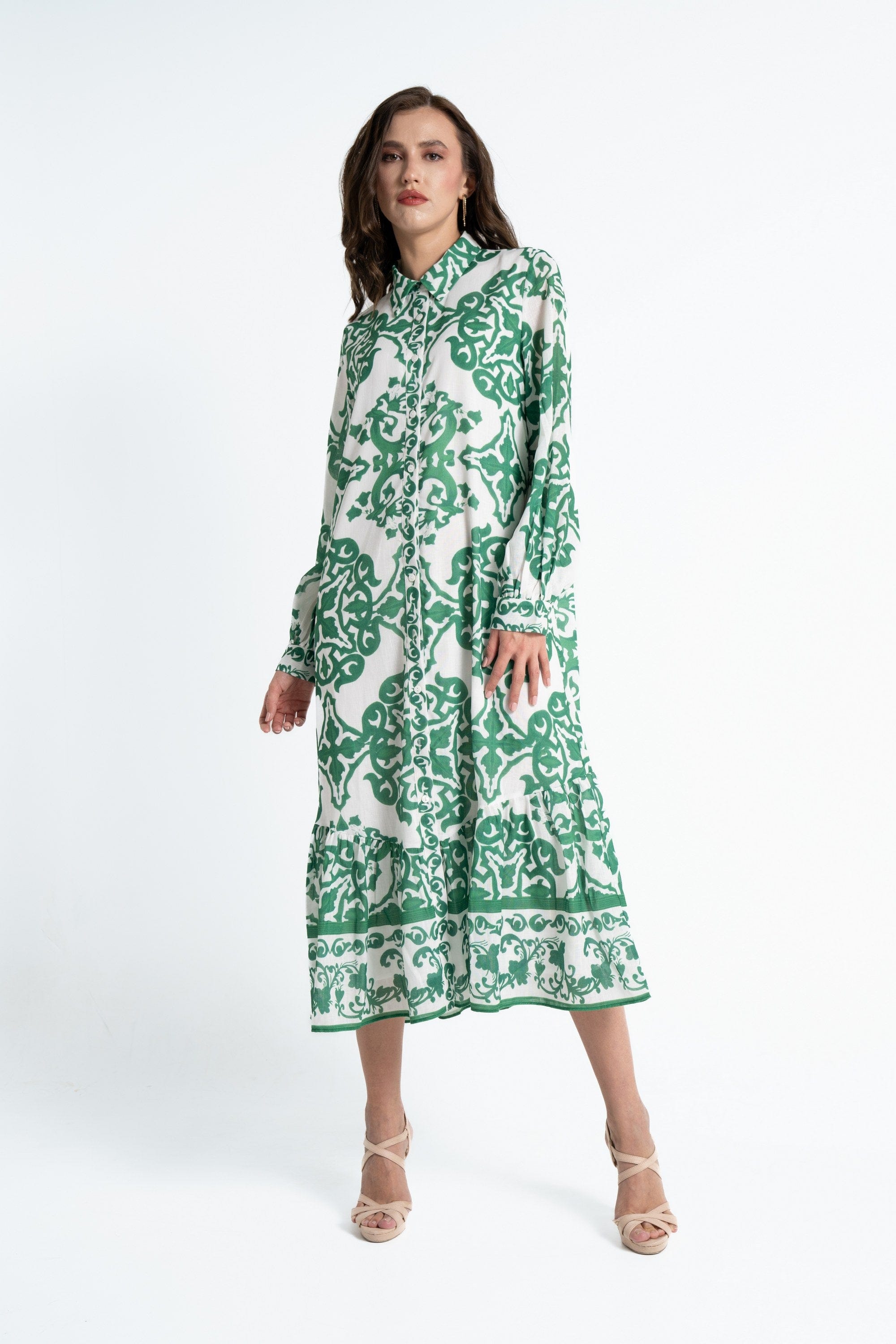 ميكا قميص طويل بأكمام طويلة منقوش بأزرار أمامية نسائي