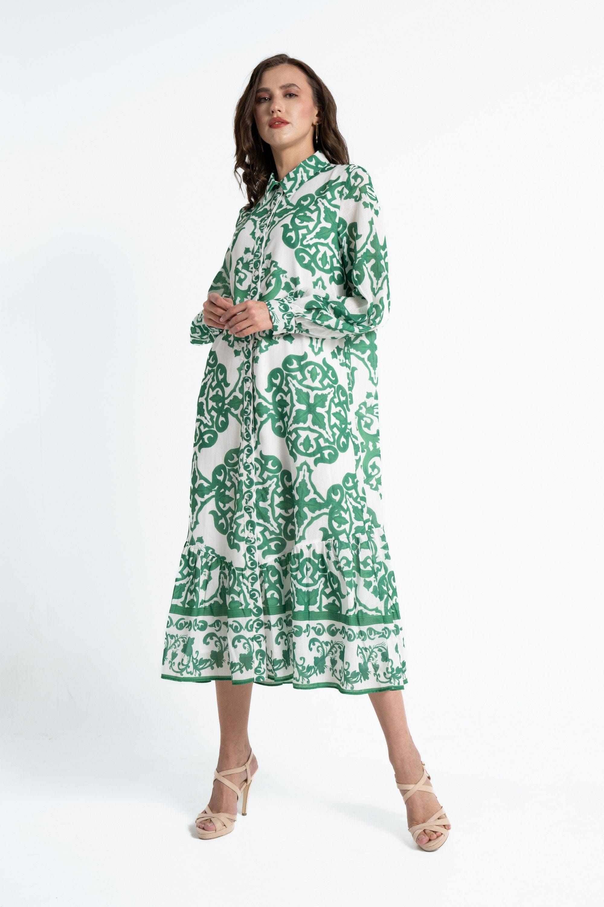 ميكا قميص طويل بأكمام طويلة منقوش بأزرار أمامية نسائي