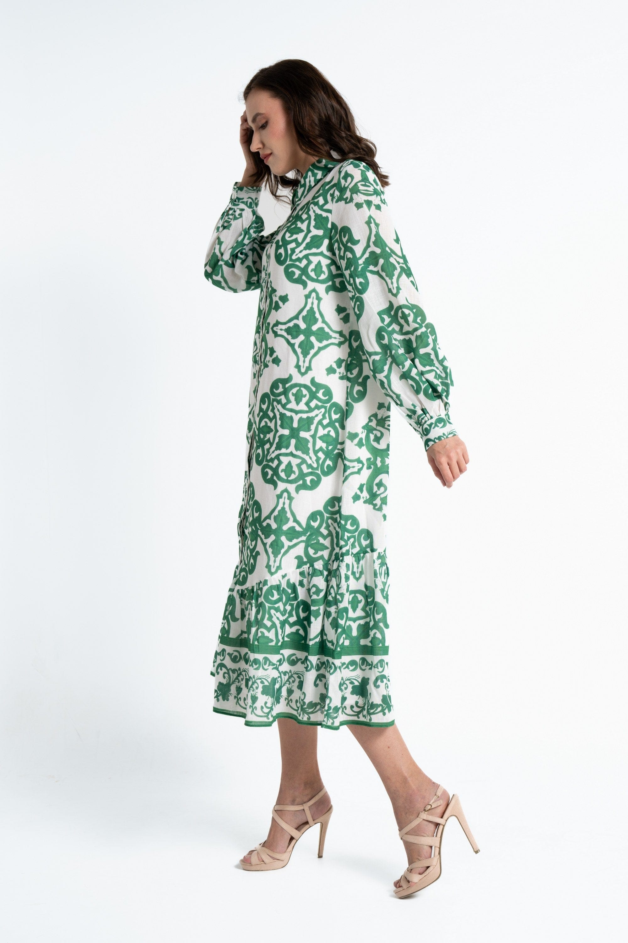 ميكا قميص طويل بأكمام طويلة منقوش بأزرار أمامية نسائي