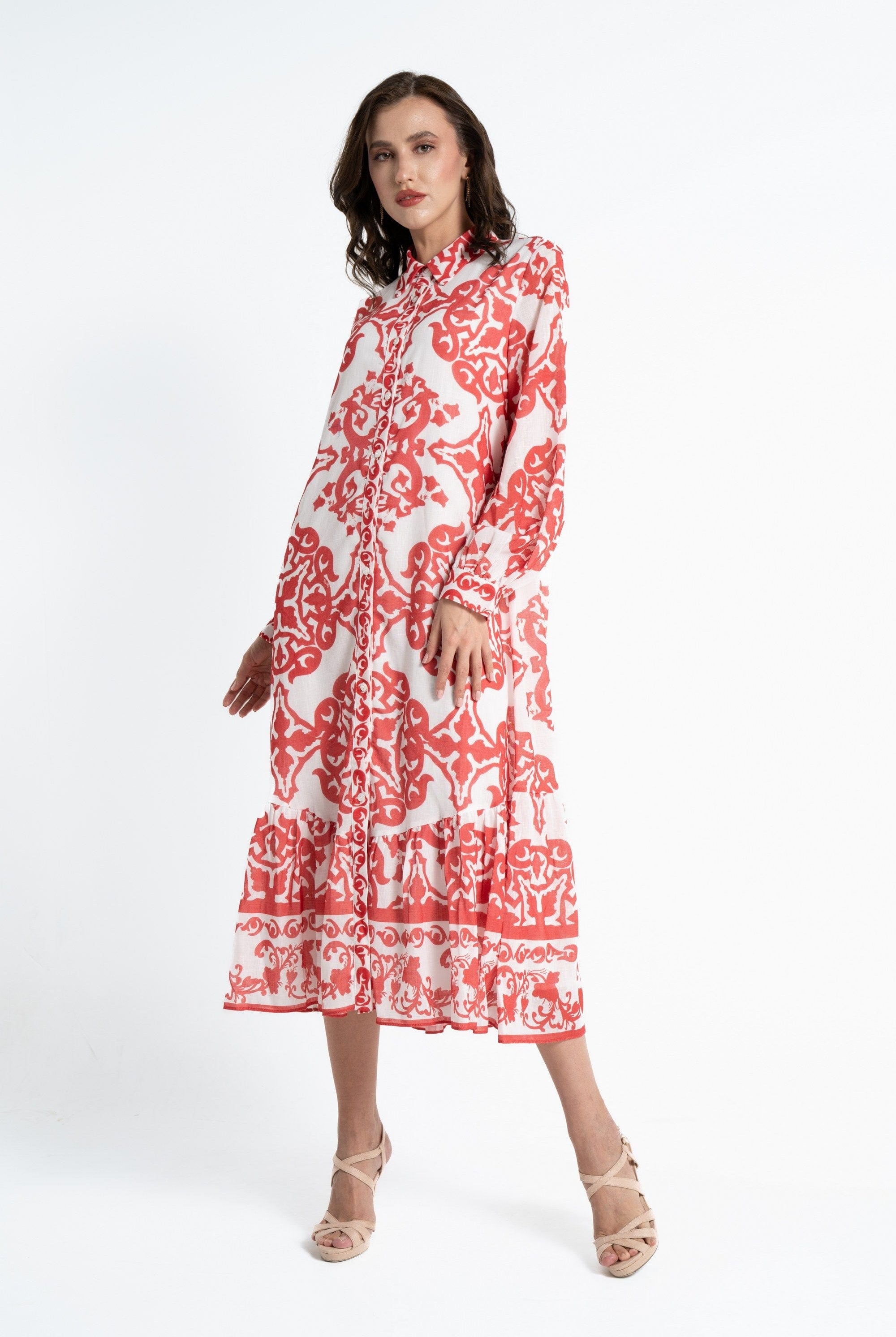 ميكا قميص طويل بأكمام طويلة منقوش بأزرار أمامية نسائي