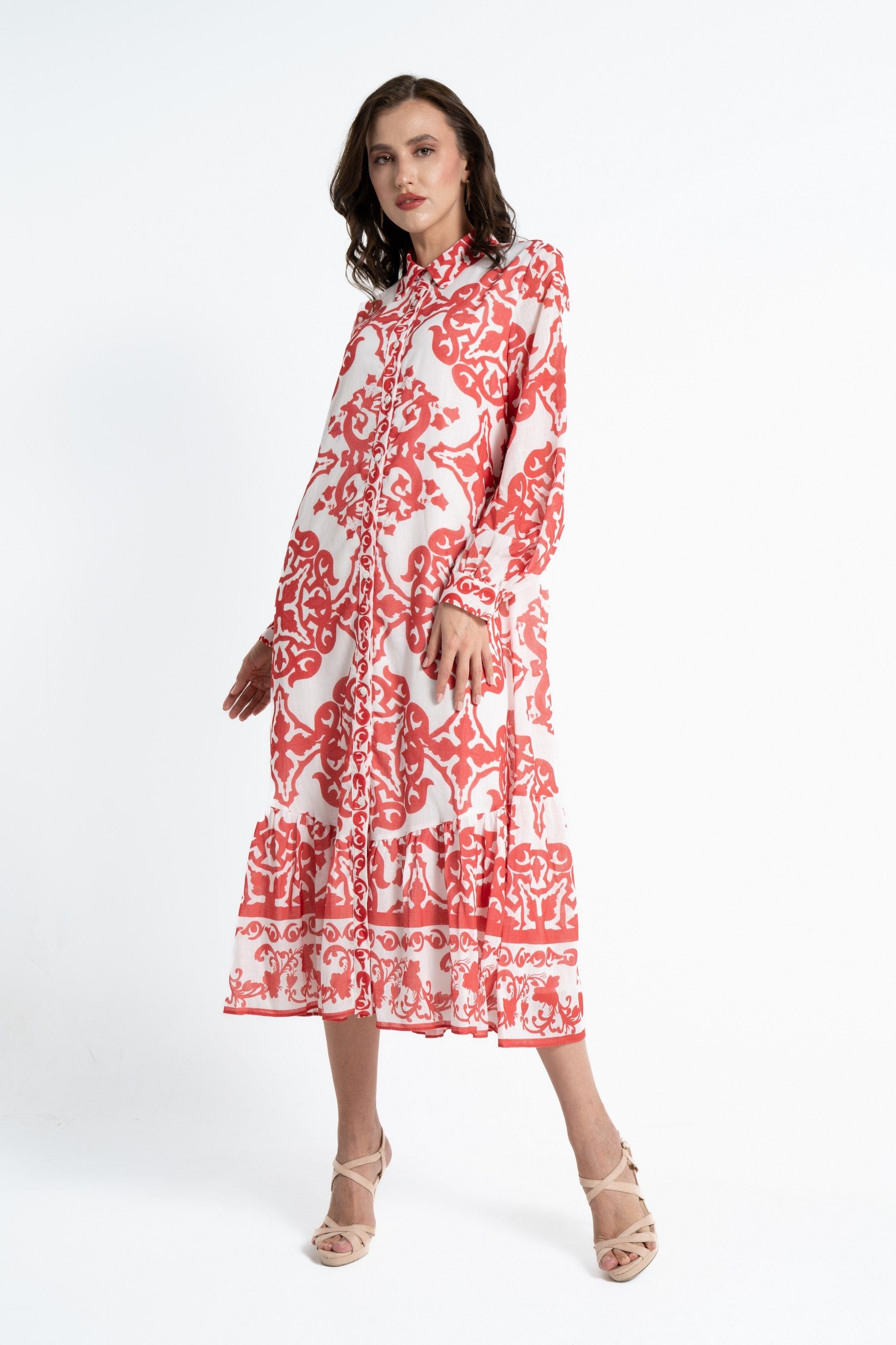 ميكا قميص طويل بأكمام طويلة منقوش بأزرار أمامية نسائي