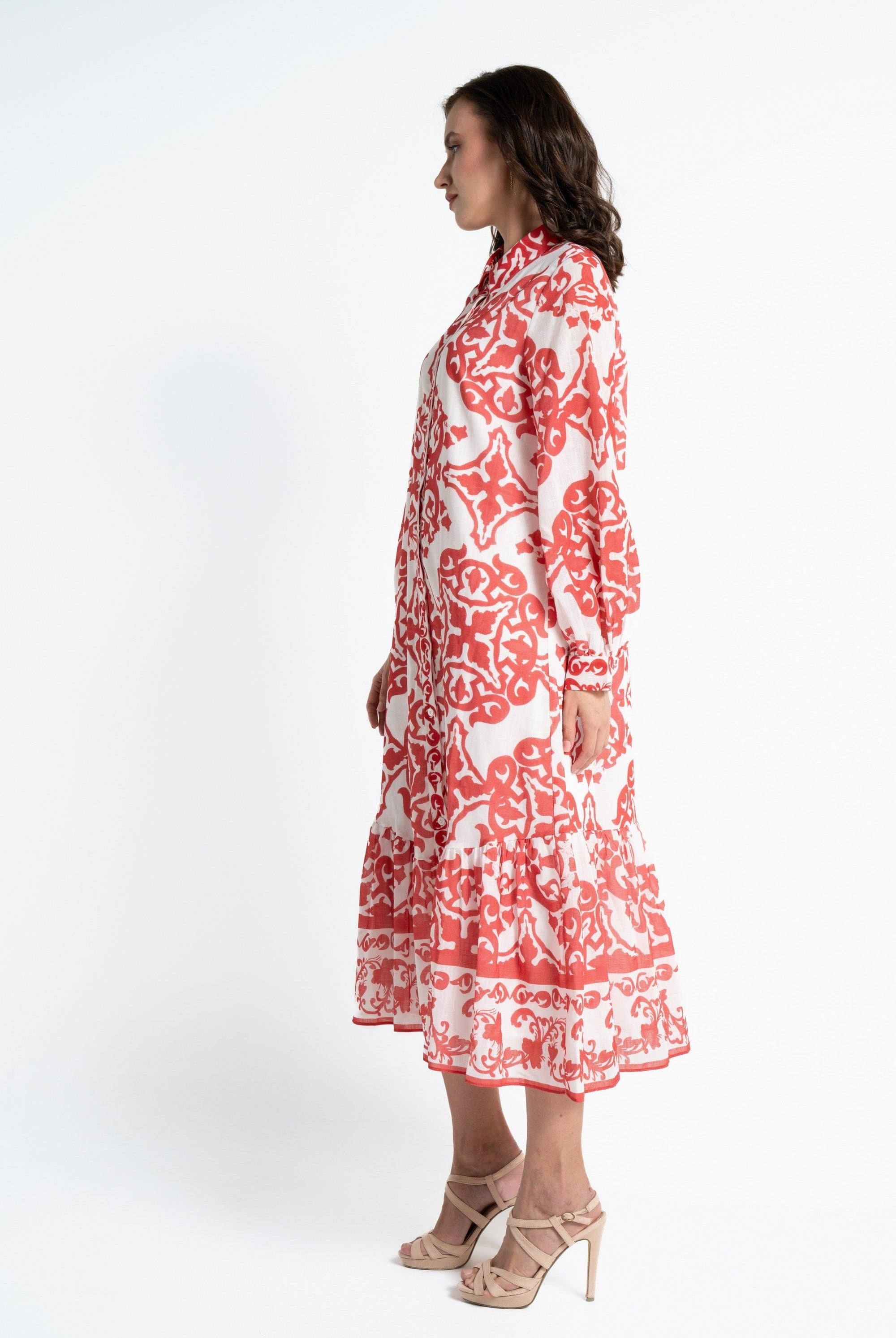 ميكا قميص طويل بأكمام طويلة منقوش بأزرار أمامية نسائي