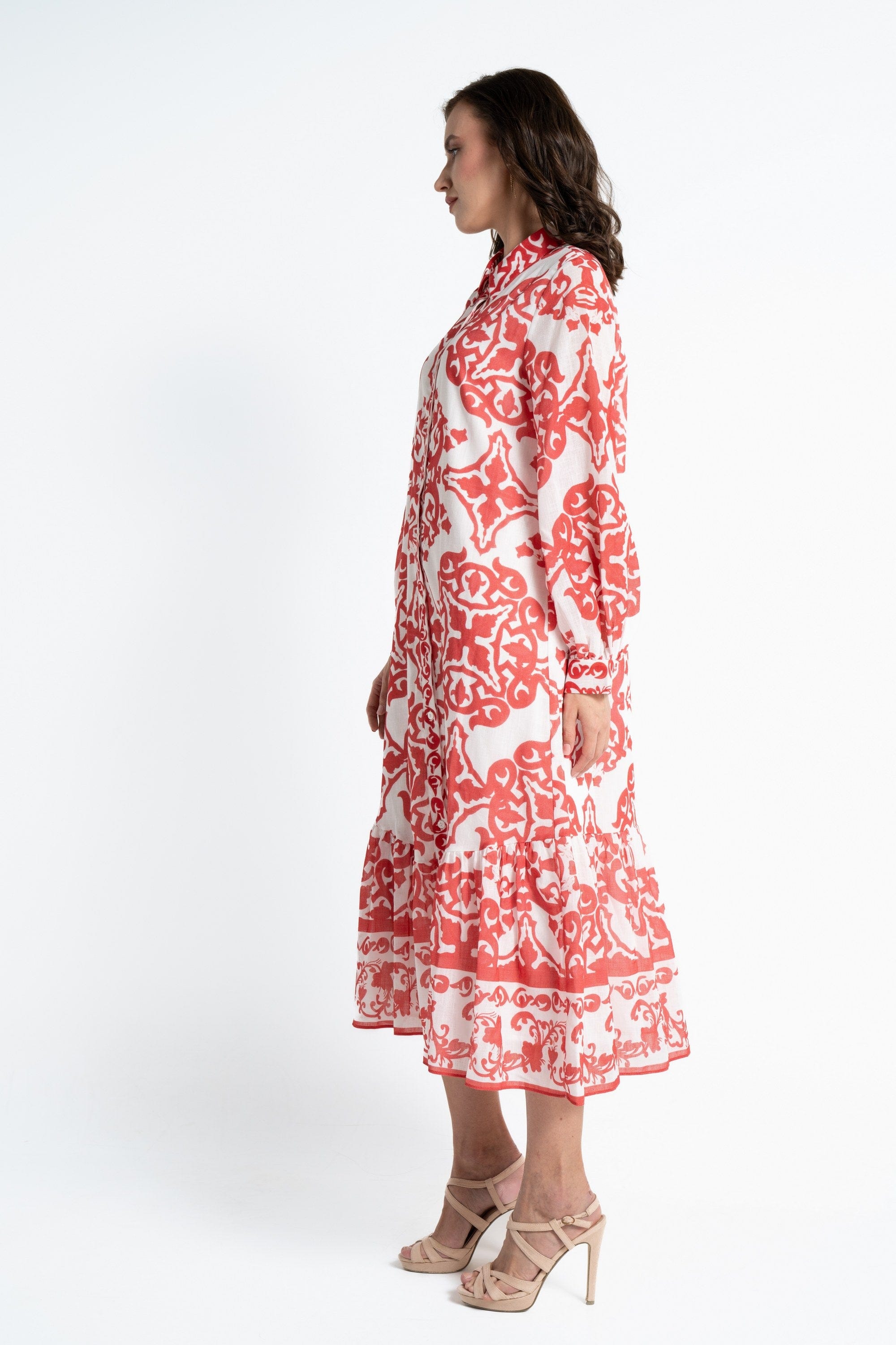 ميكا قميص طويل بأكمام طويلة منقوش بأزرار أمامية نسائي