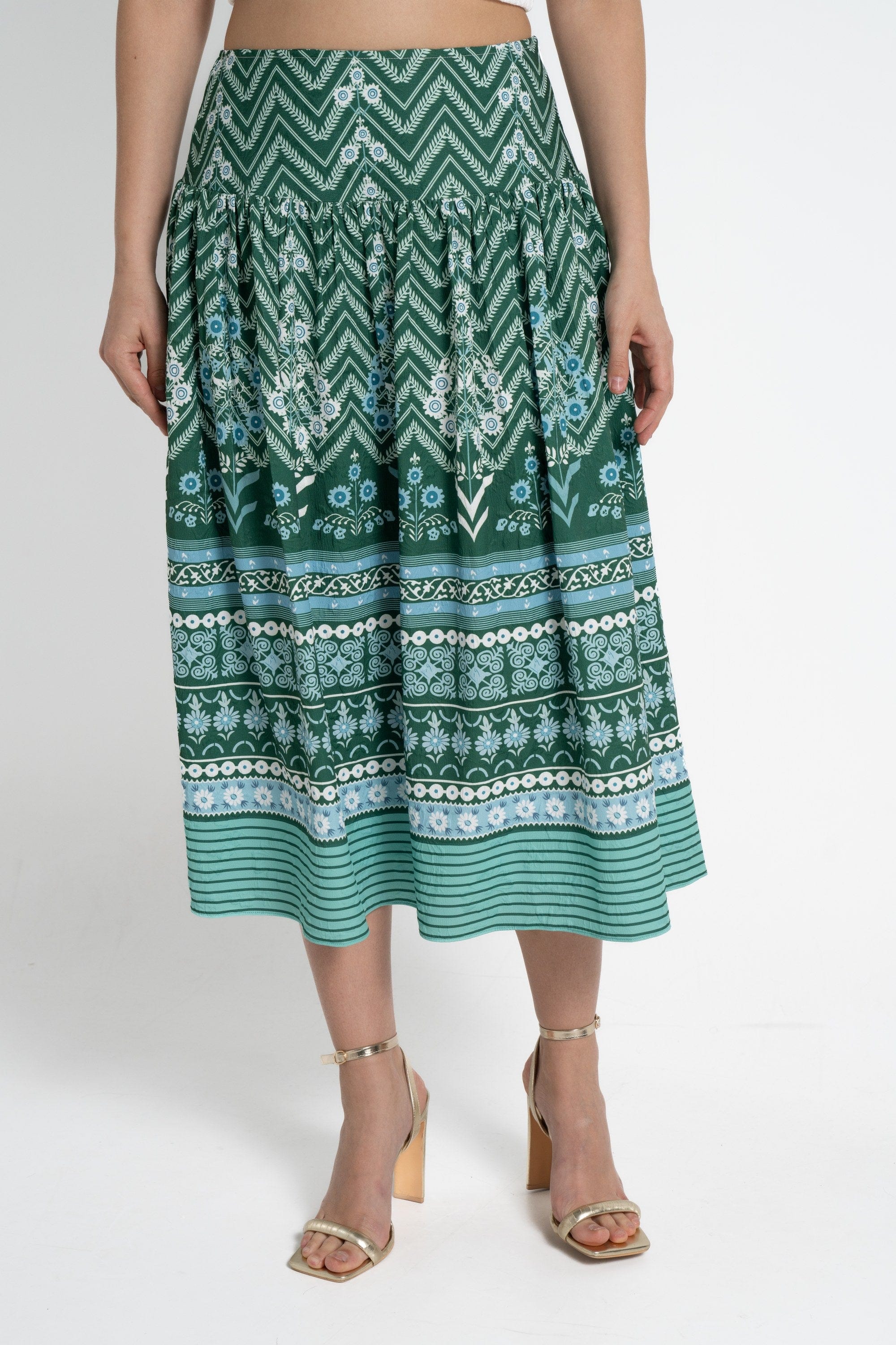 ميكا تنورة ميدي منقوشة خصر مرتفع نسائي أخضر