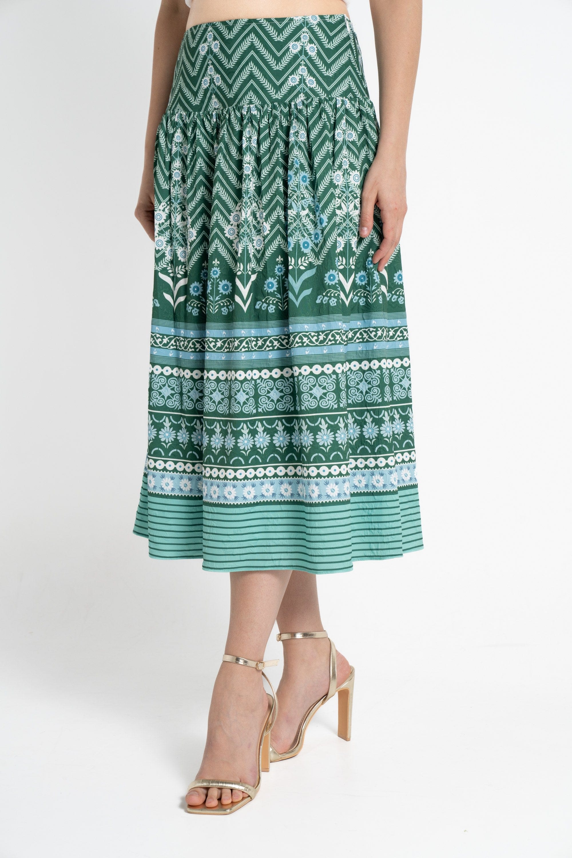 ميكا تنورة ميدي منقوشة خصر مرتفع نسائي أخضر