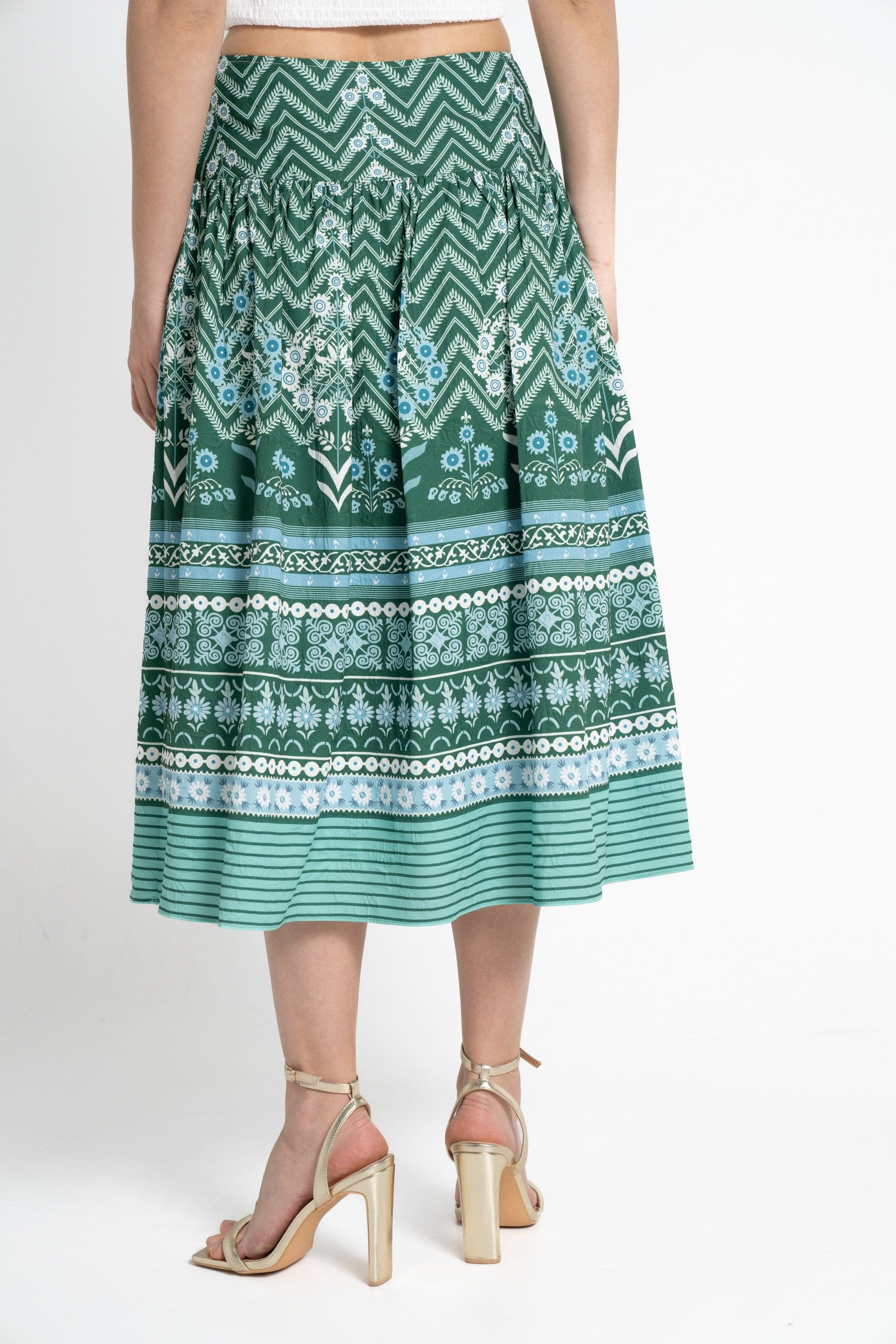 ميكا تنورة ميدي منقوشة خصر مرتفع نسائي أخضر