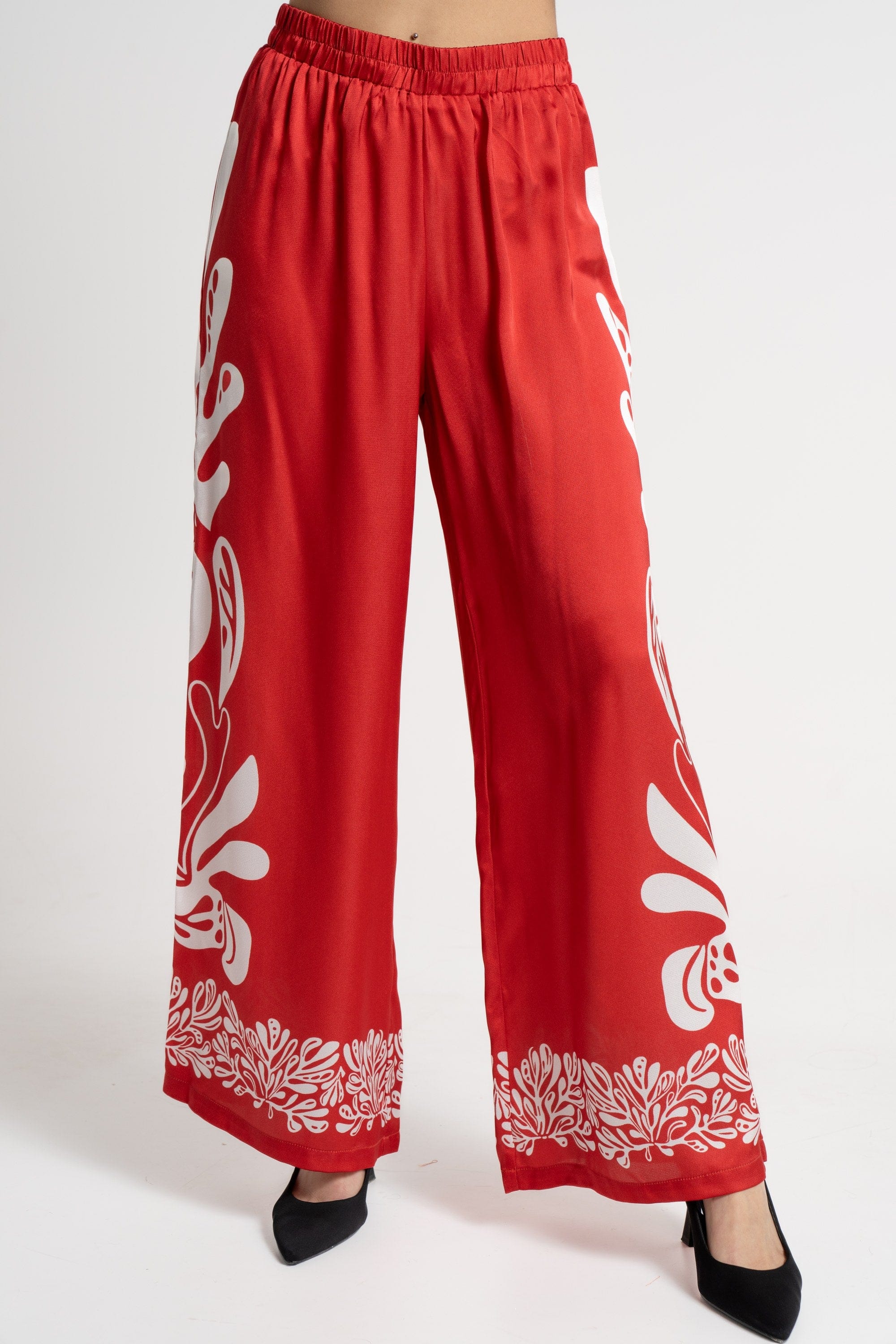 ميكا بنطلون طويل منقوش واسع نسائي أحمر