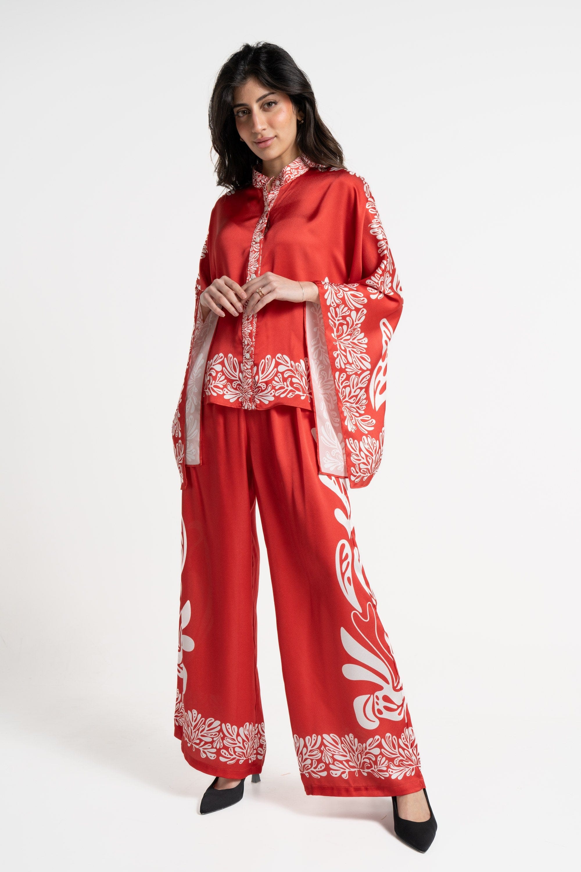 ميكا بنطلون طويل منقوش واسع نسائي أحمر