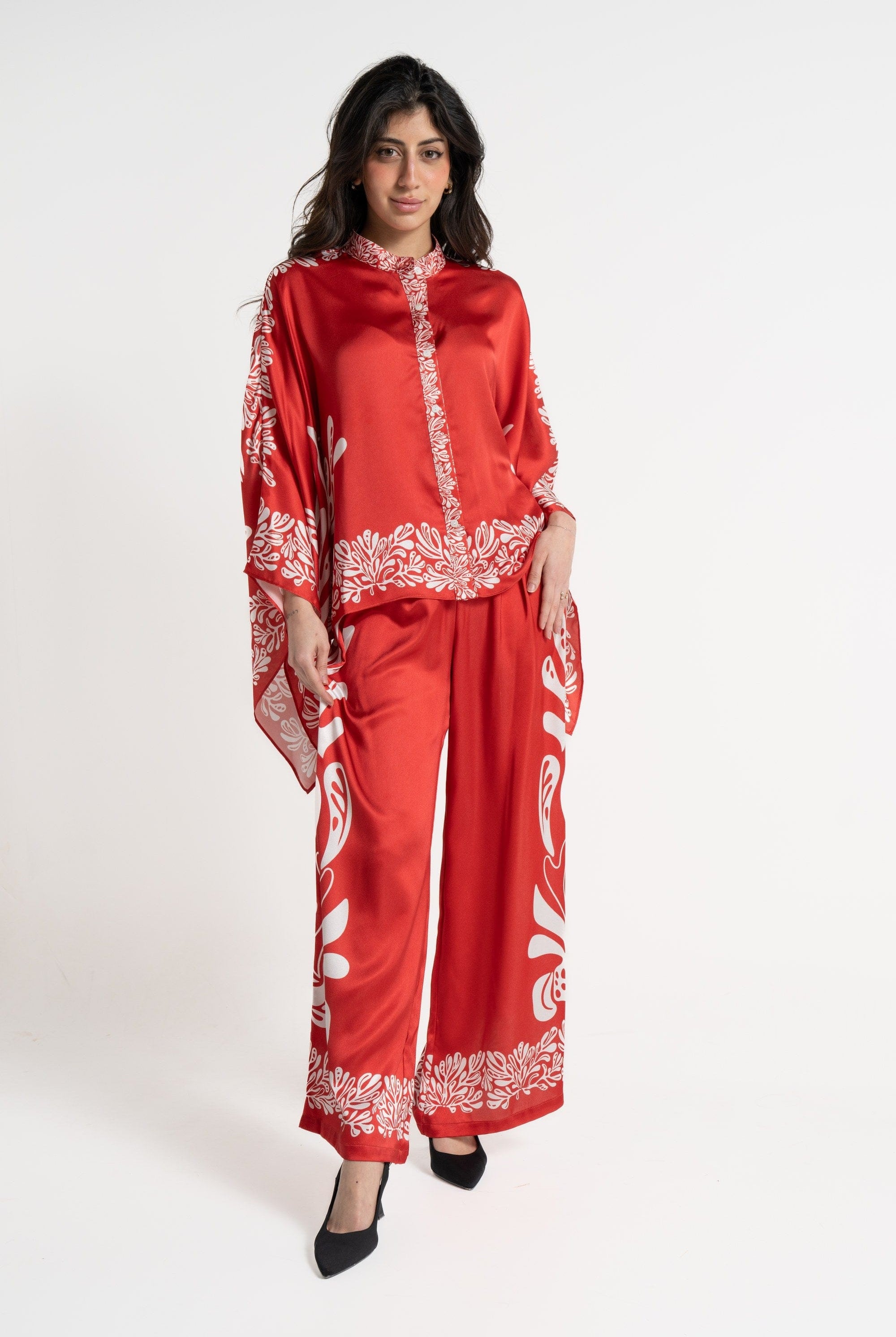 ميكا بنطلون طويل منقوش واسع نسائي أحمر