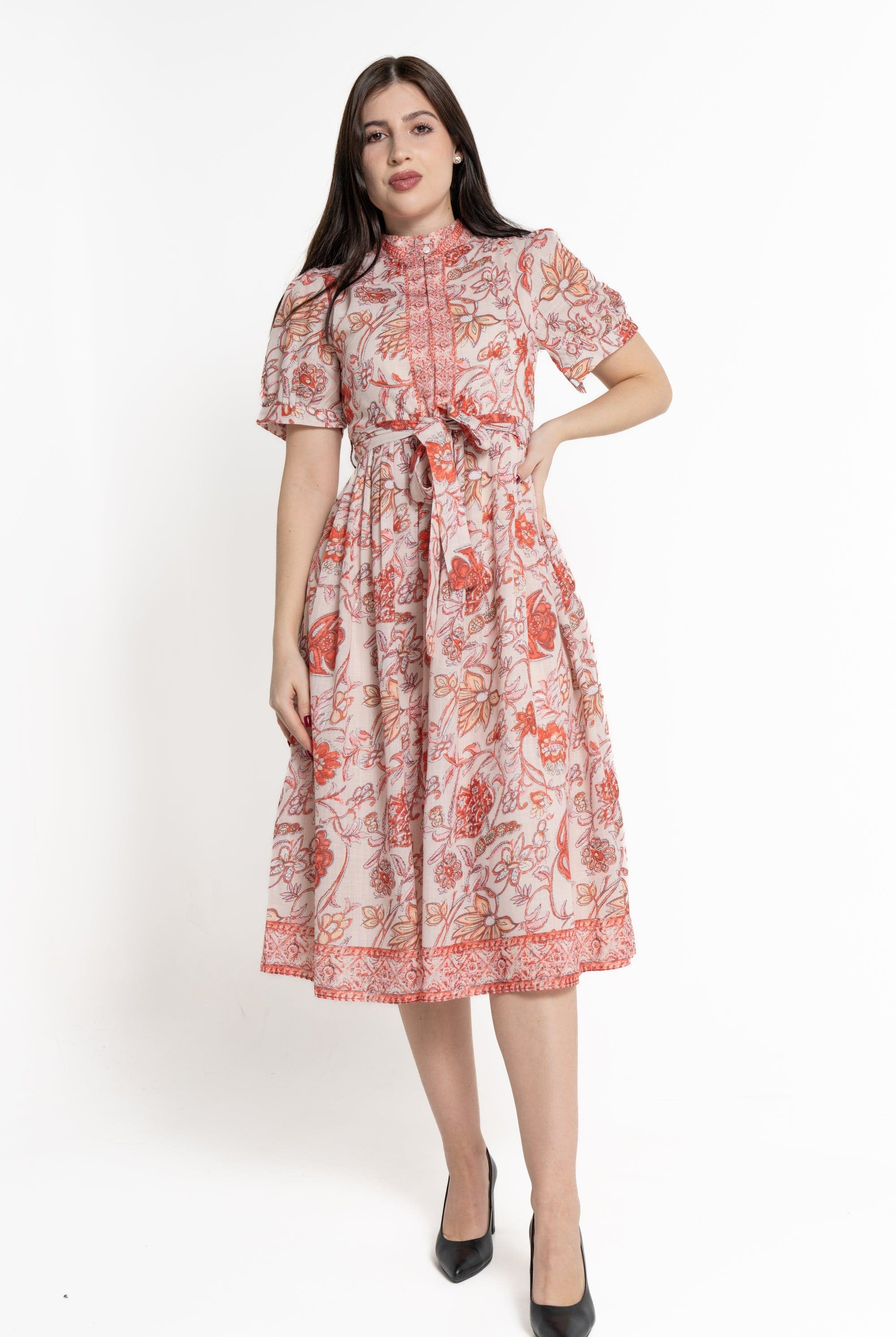 ميكا فستان ميدي بأكمام قصيرة مورد نسائي بيج