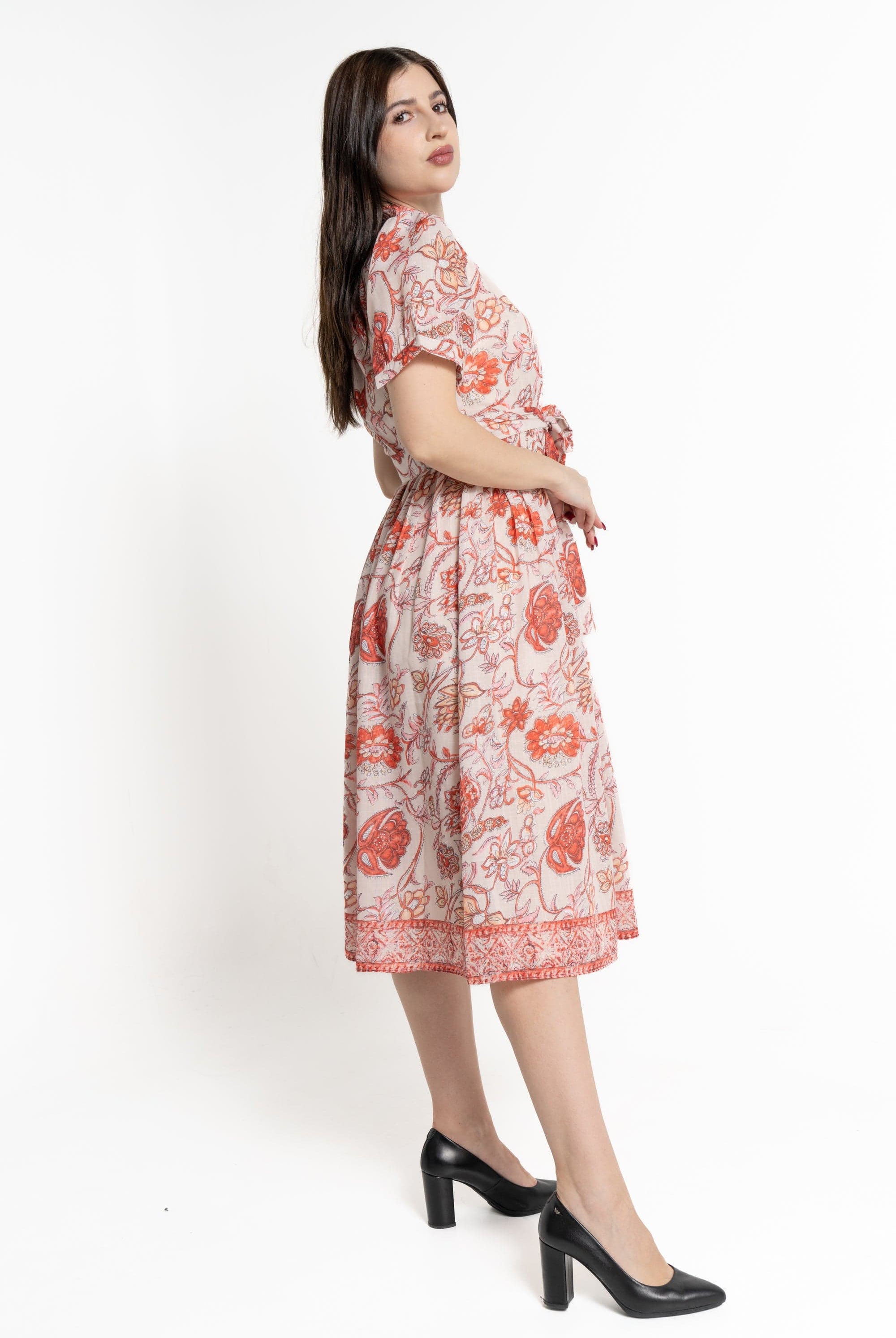 ميكا فستان ميدي بأكمام قصيرة مورد نسائي بيج