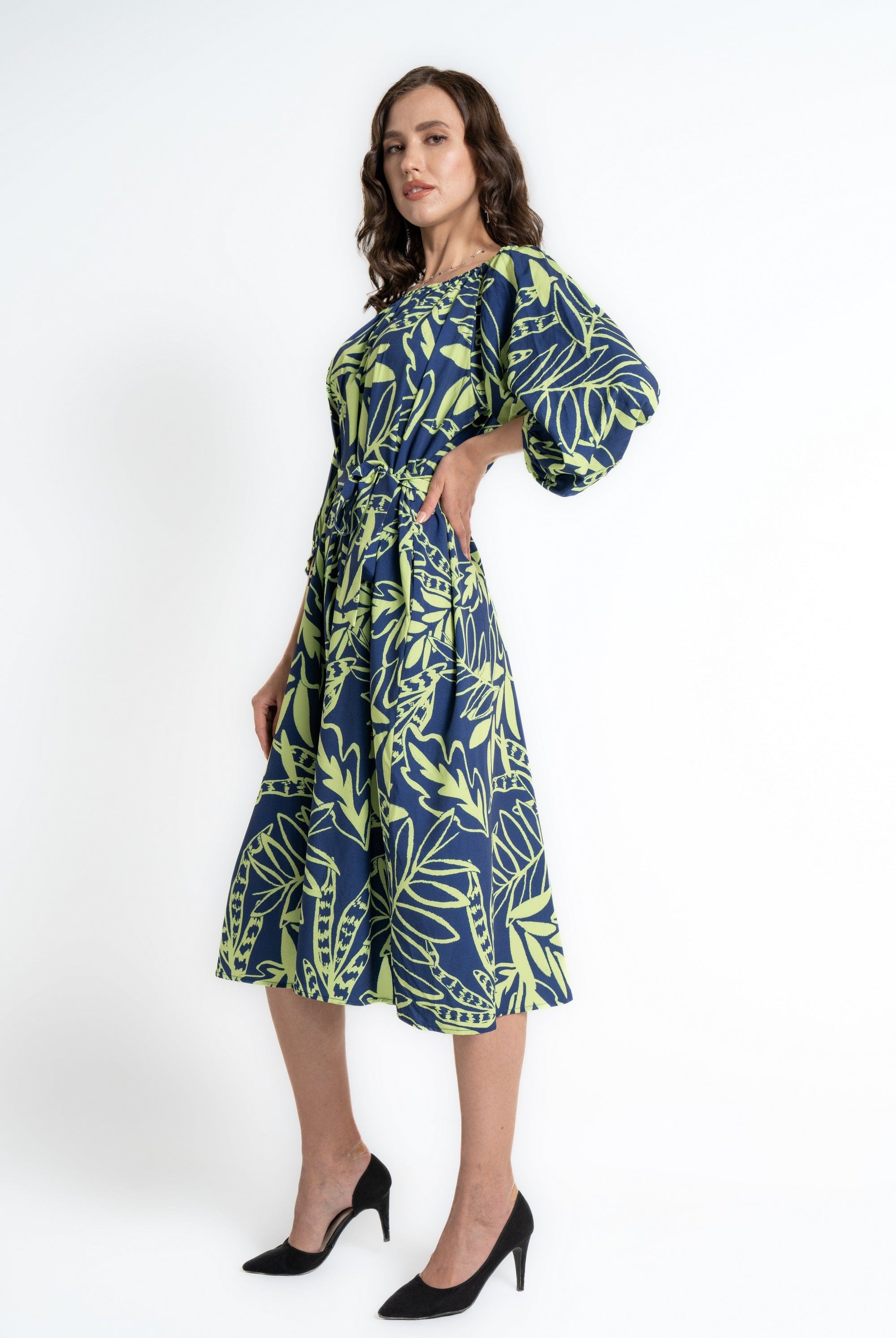 ميكا فستان ميدي بأكمام 3/4 مشجر نسائي