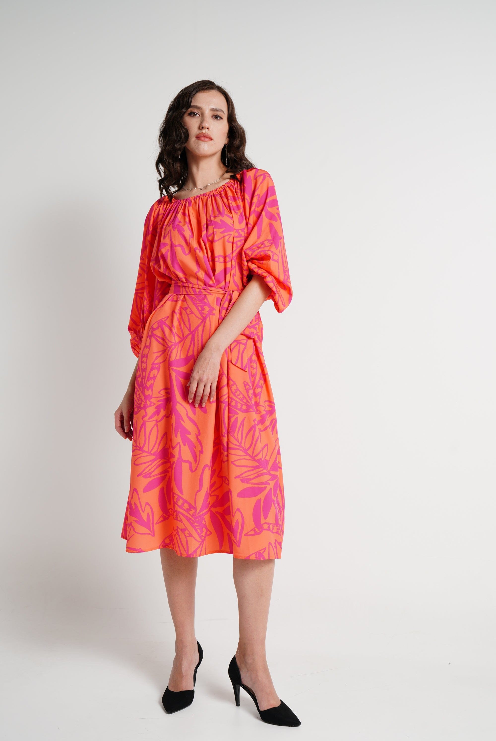 ميكا فستان ميدي بأكمام 3/4 مشجر نسائي