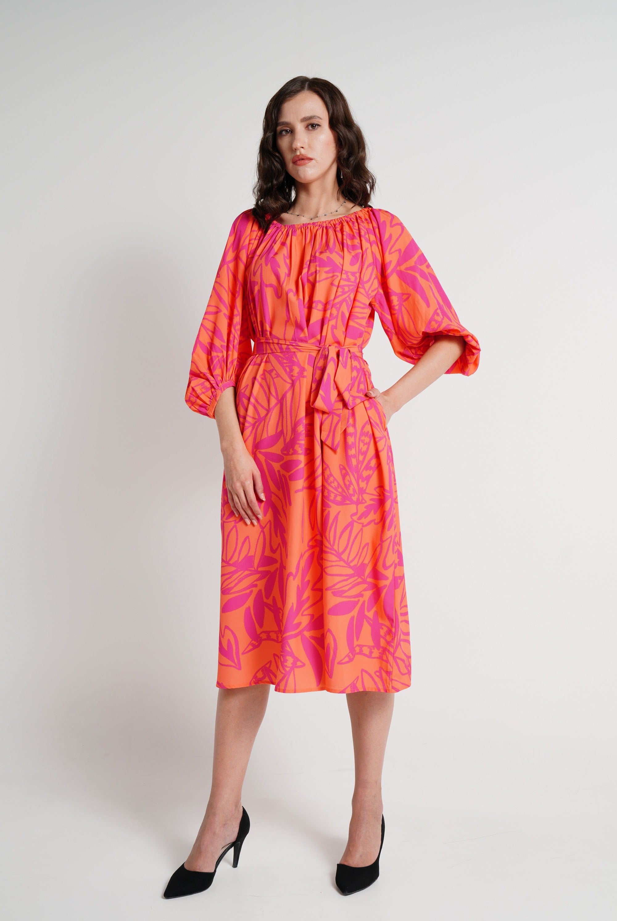 ميكا فستان ميدي بأكمام 3/4 مشجر نسائي