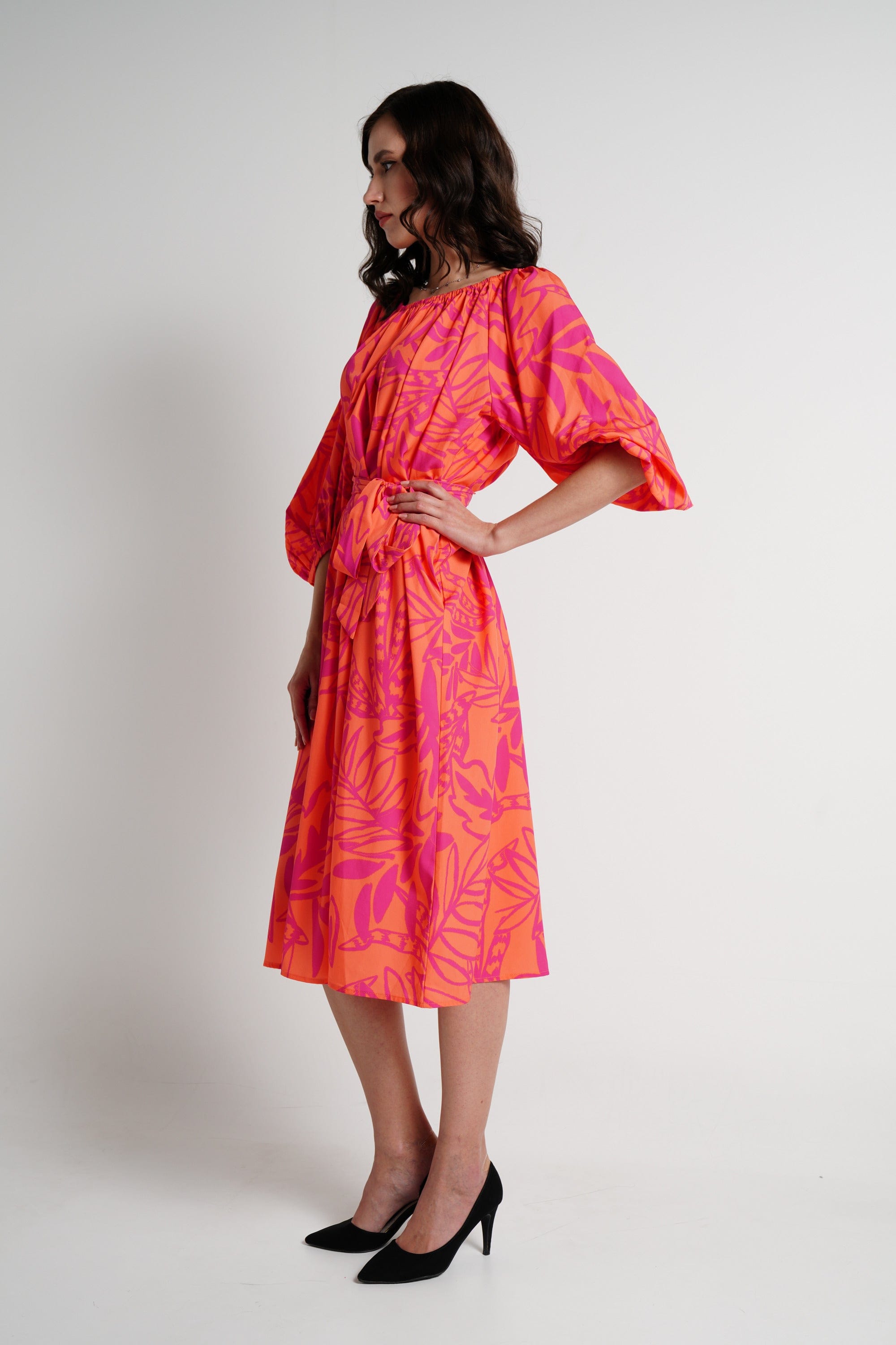 ميكا فستان ميدي بأكمام 3/4 مشجر نسائي