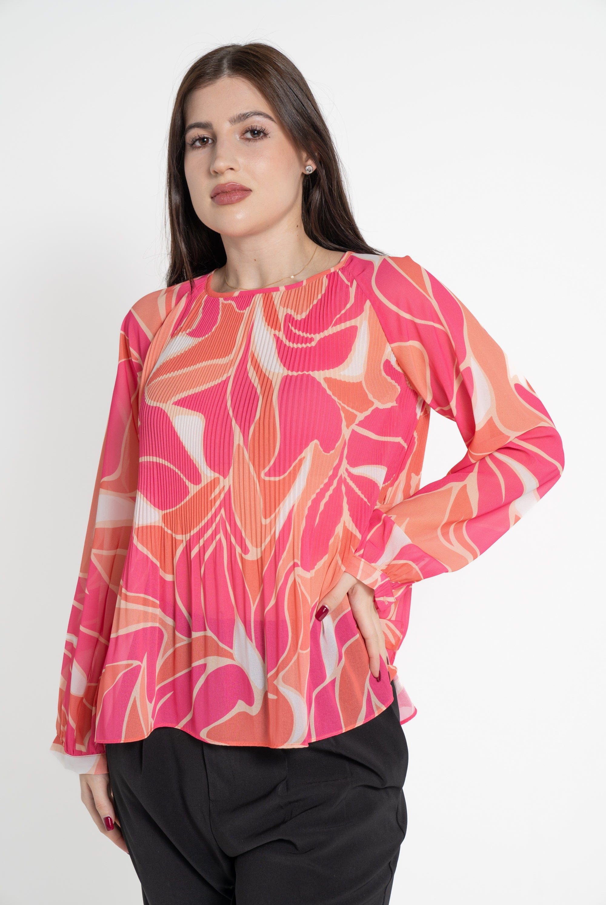 ميكا بلوزة كم طويل ملون بكسرات نسائي فوشيا