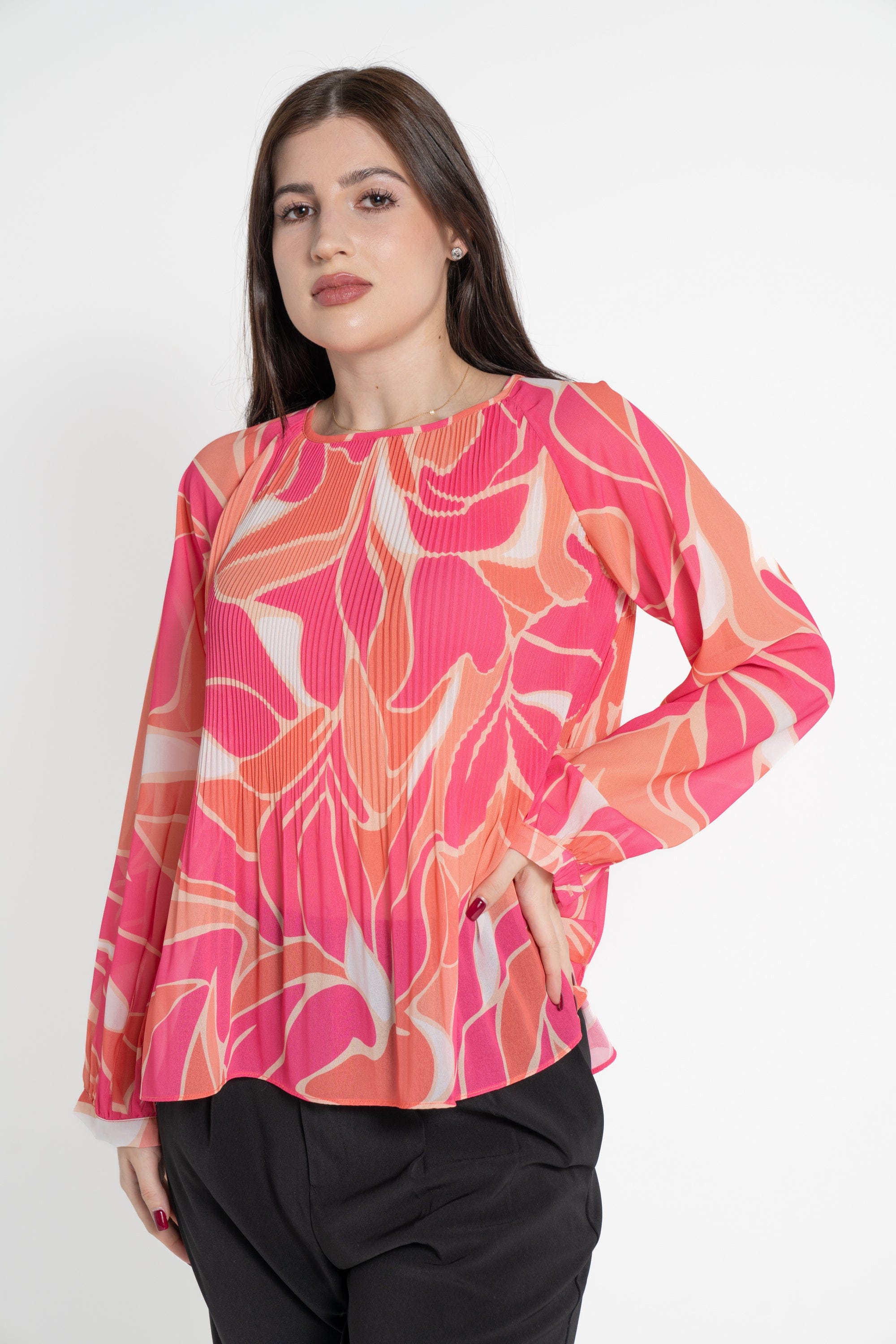 ميكا بلوزة كم طويل ملون بكسرات نسائي فوشيا