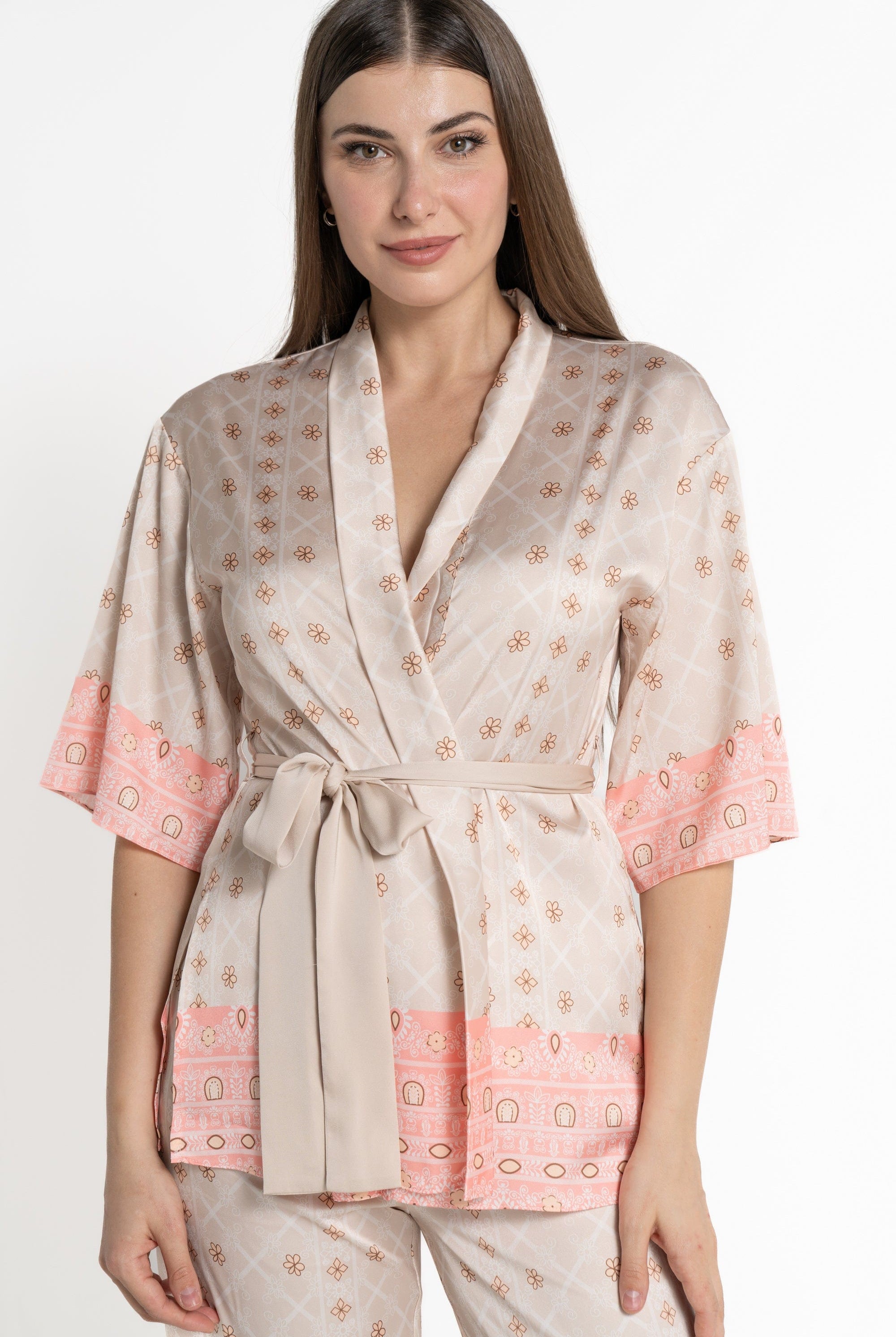 ميكا كارديجان 3/4 الأكمام منقوشة نقشى ورود نسائي بيج