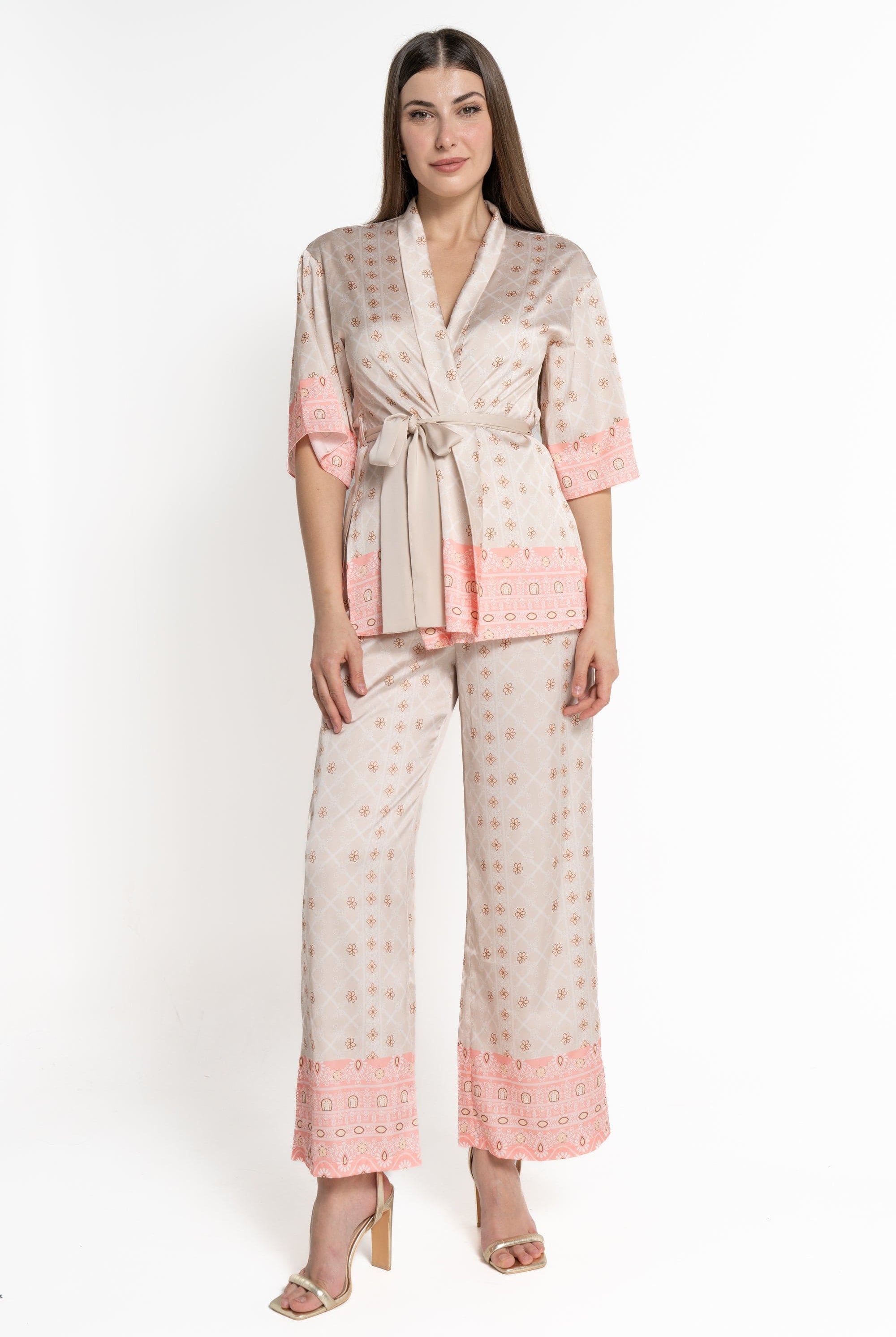 ميكا كارديجان 3/4 الأكمام منقوشة نقشى ورود نسائي بيج