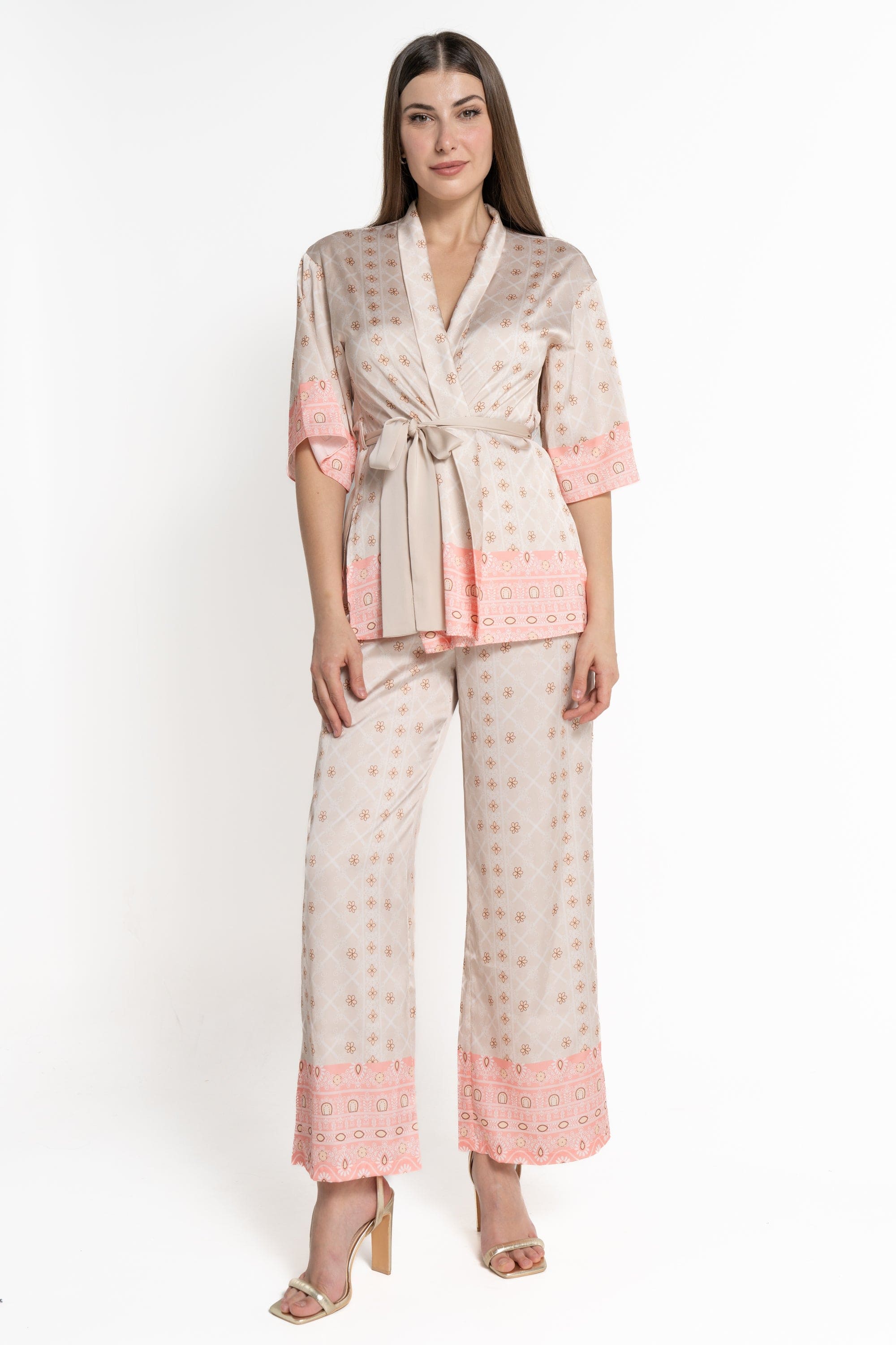 ميكا كارديجان 3/4 الأكمام منقوشة نقشى ورود نسائي بيج