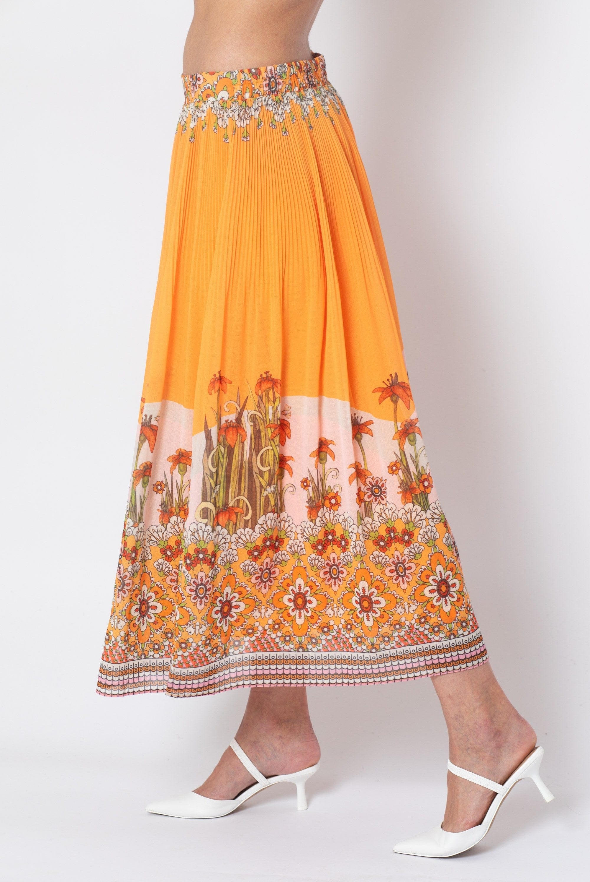 ميكا تنورة ميدي نسائية مطبوعة بزهور برتقالي