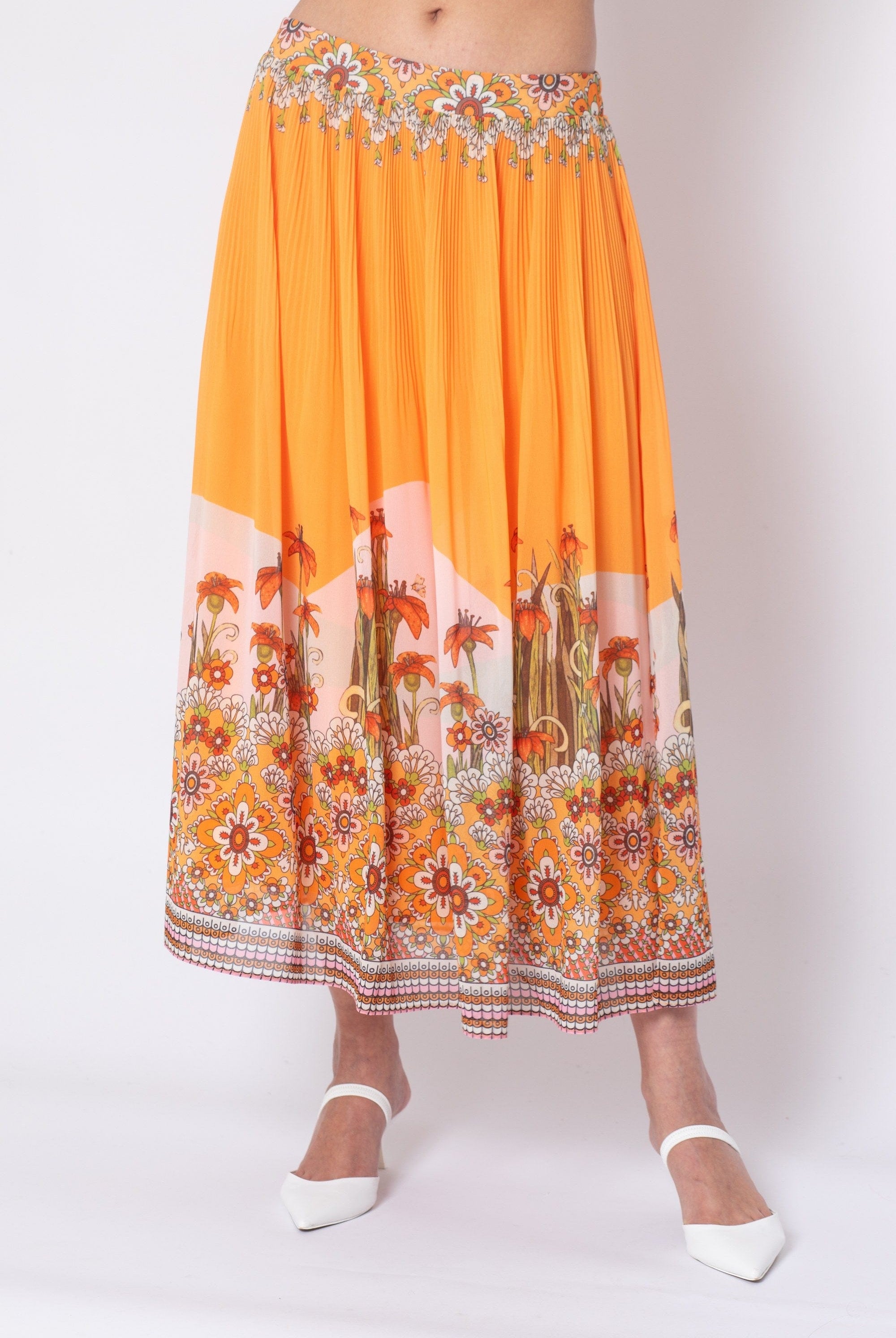 ميكا تنورة ميدي نسائية مطبوعة بزهور برتقالي