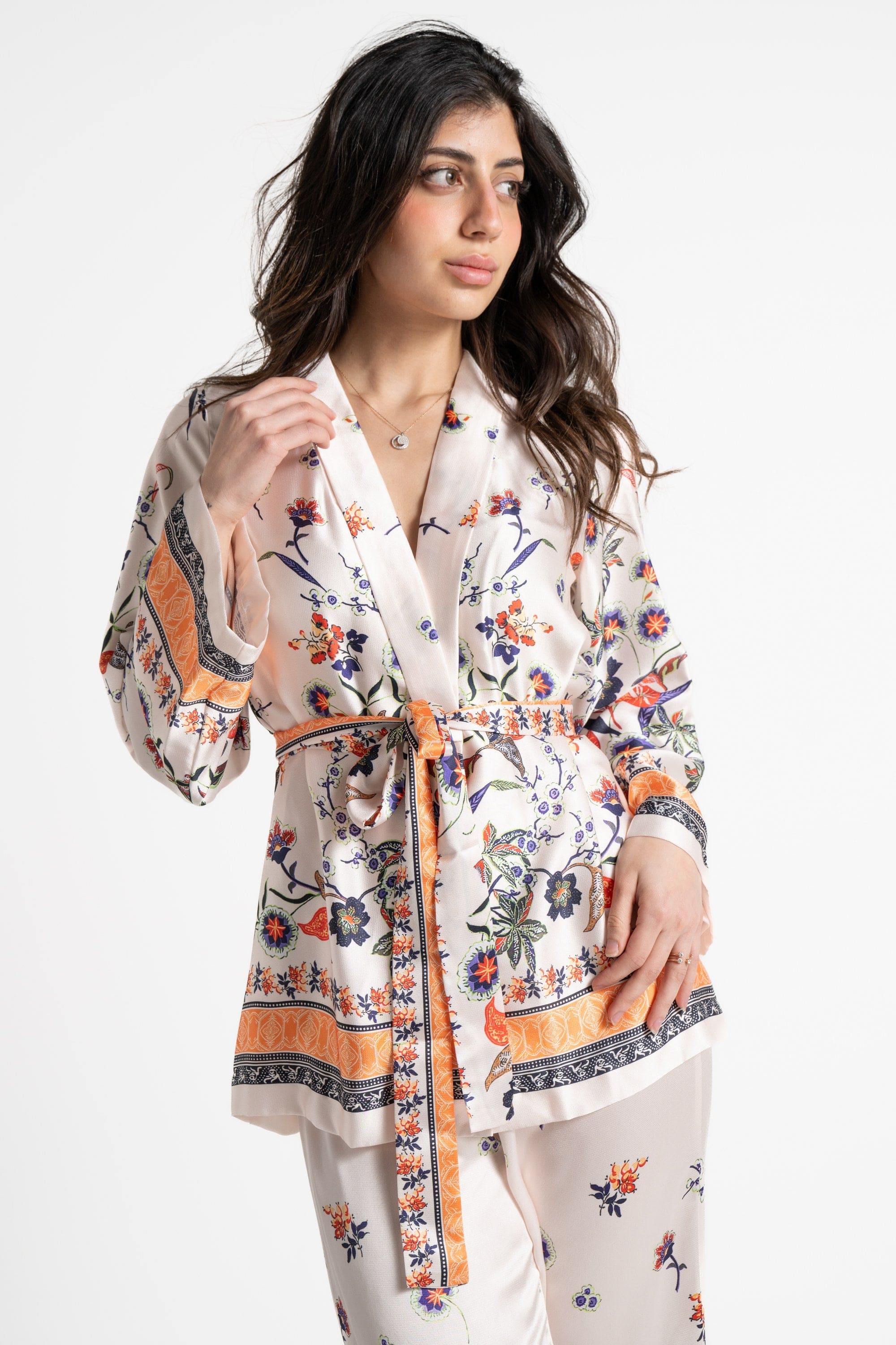 ميكا كارديجان كم طويل موردة برباط على الخصر نسائي بيج