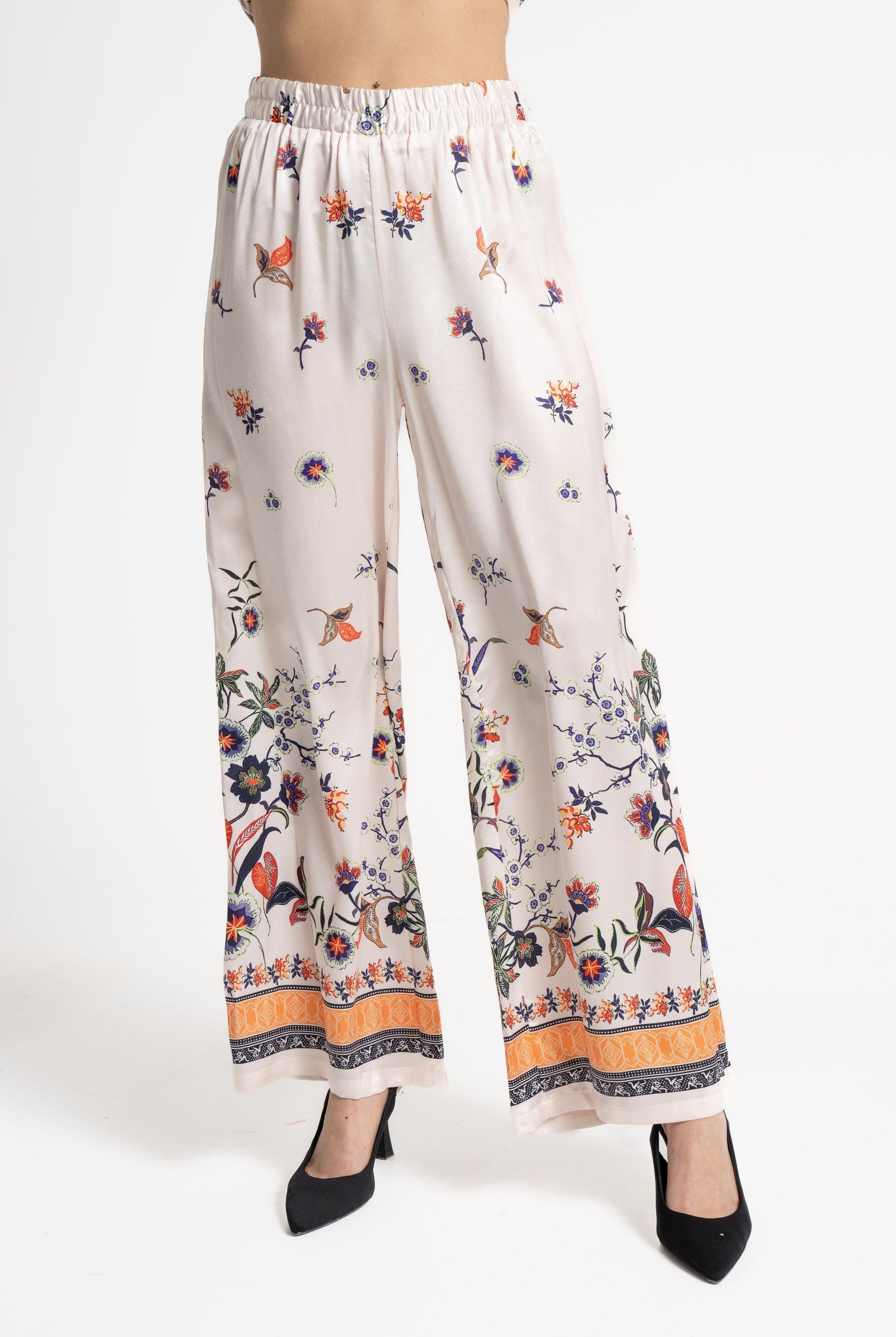 ميكا بنطلون طويل واسع منقوش خصر مرتفع نسائي بيج