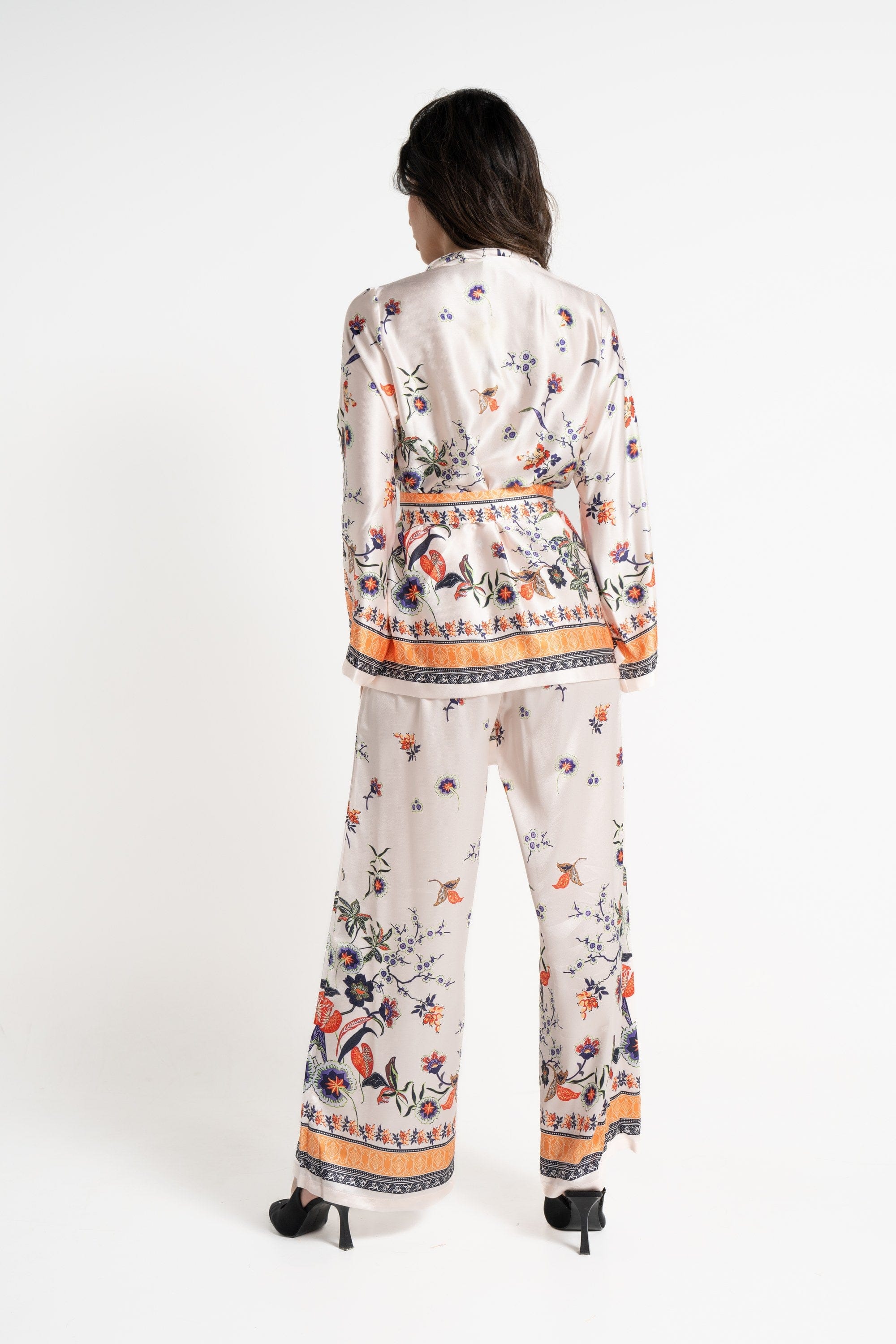 ميكا بنطلون طويل واسع منقوش خصر مرتفع نسائي بيج