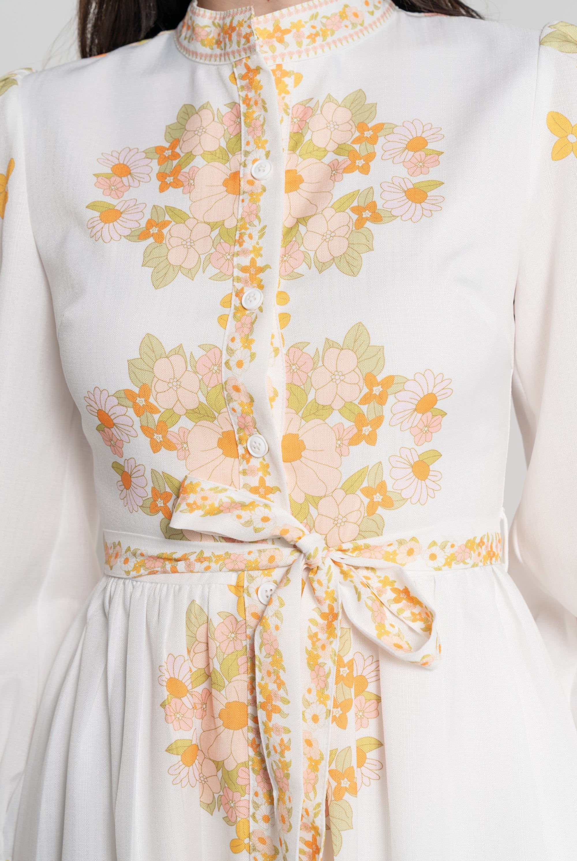 ميكا فستان ميدي كم طويل منقوش من اسفل نسائي برتقالي