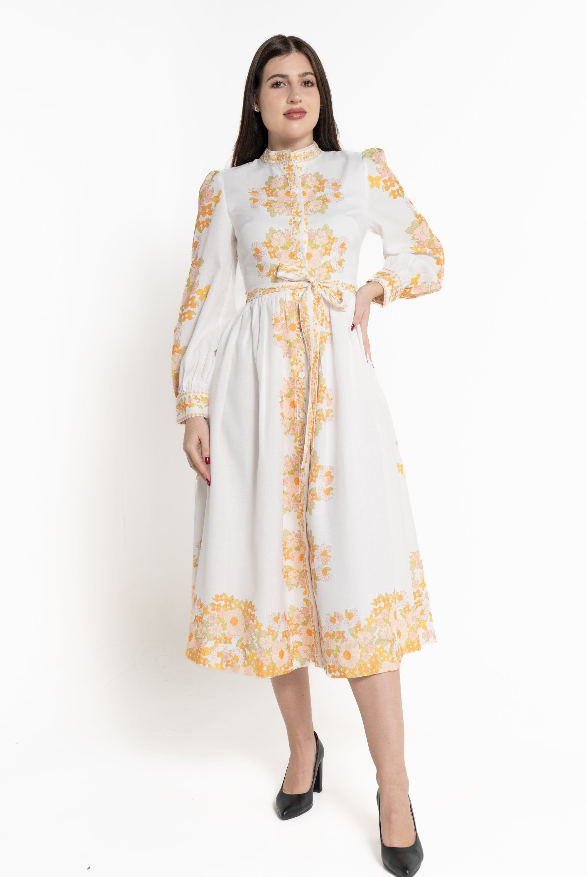 ميكا فستان ميدي كم طويل منقوش من اسفل نسائي برتقالي