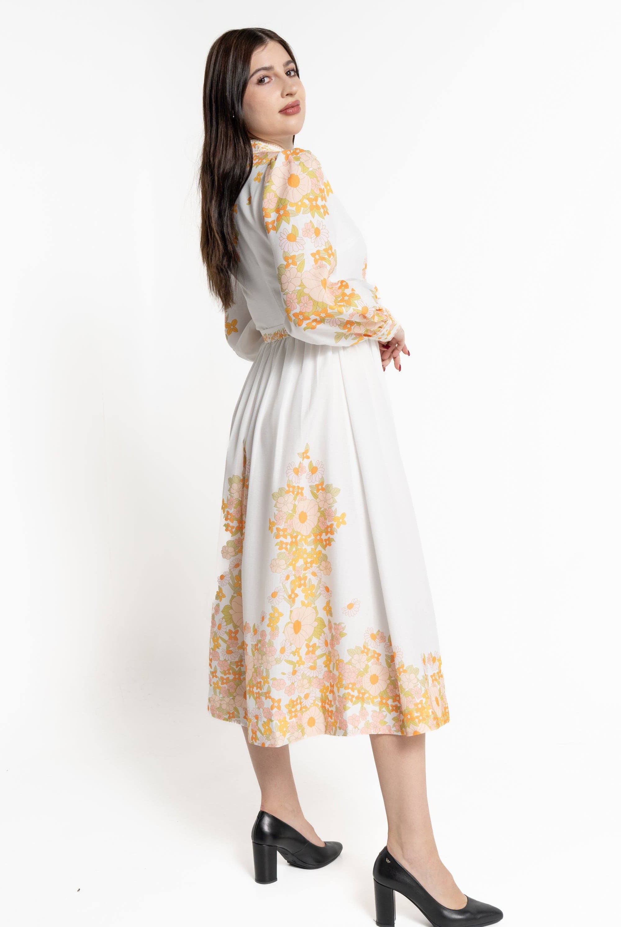 ميكا فستان ميدي كم طويل منقوش من اسفل نسائي برتقالي