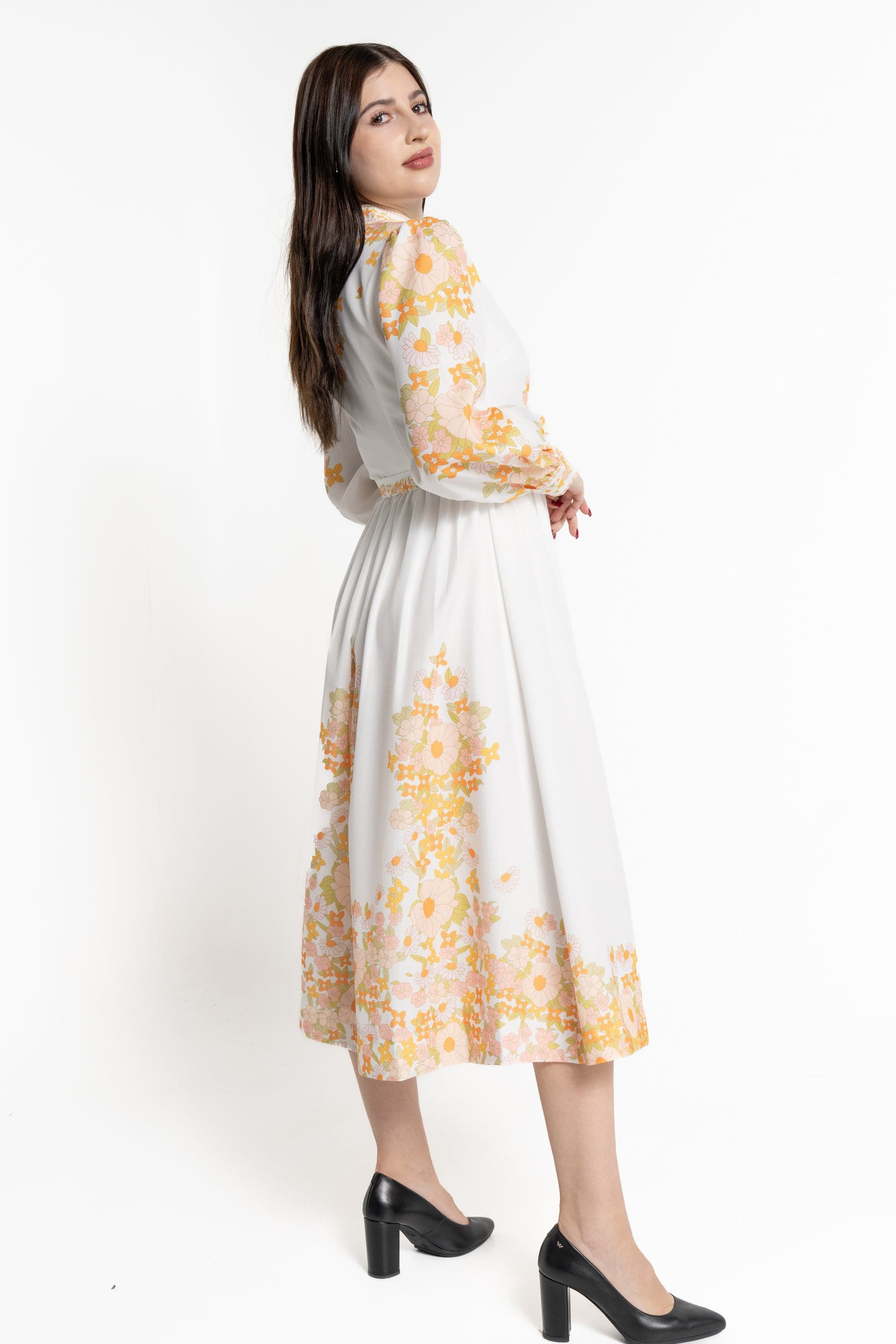 ميكا فستان ميدي كم طويل منقوش من اسفل نسائي برتقالي