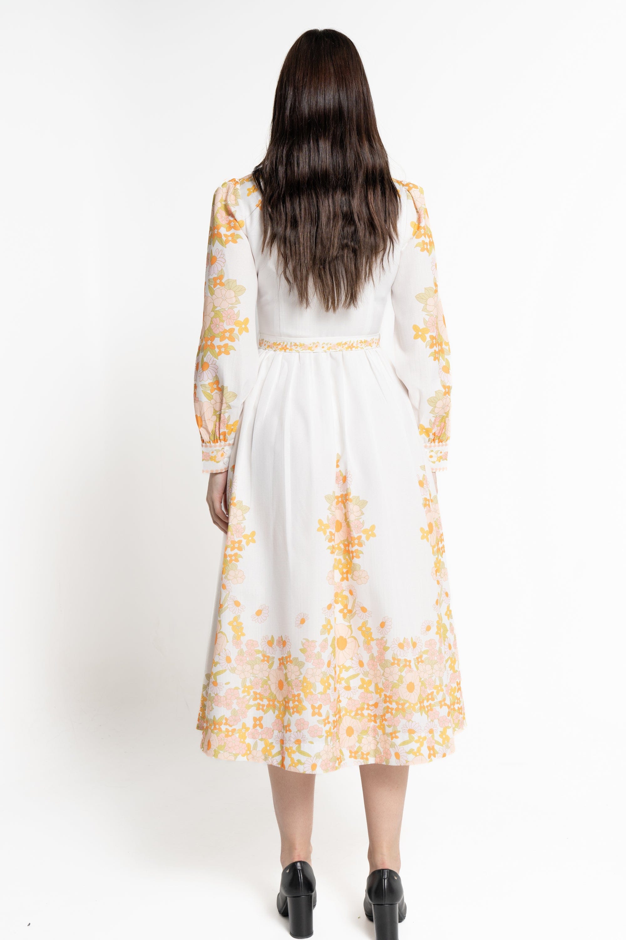 ميكا فستان ميدي كم طويل منقوش من اسفل نسائي برتقالي