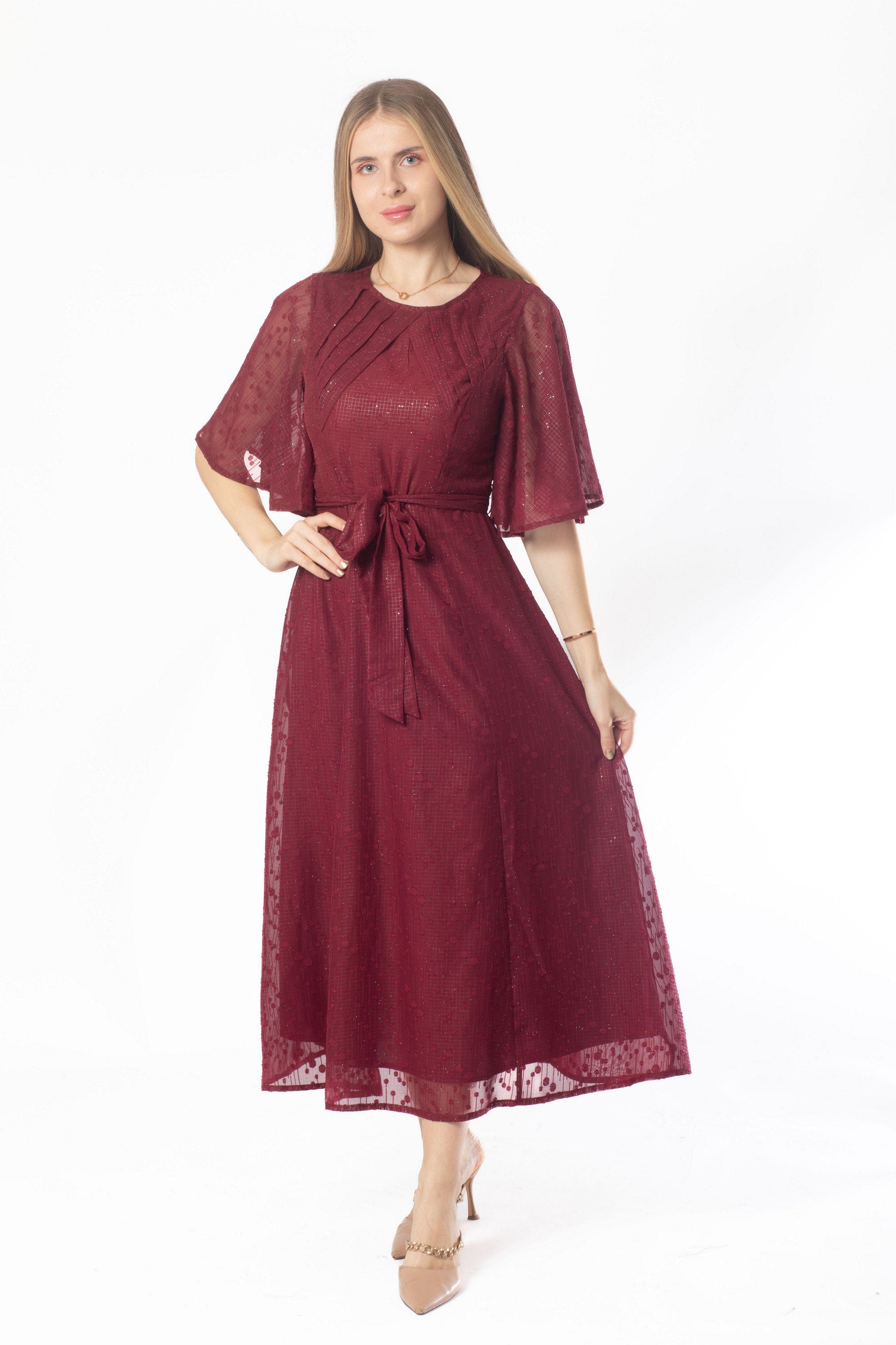 ميكا فستان ميدي لامع برباط على الخصر نص كم واسع