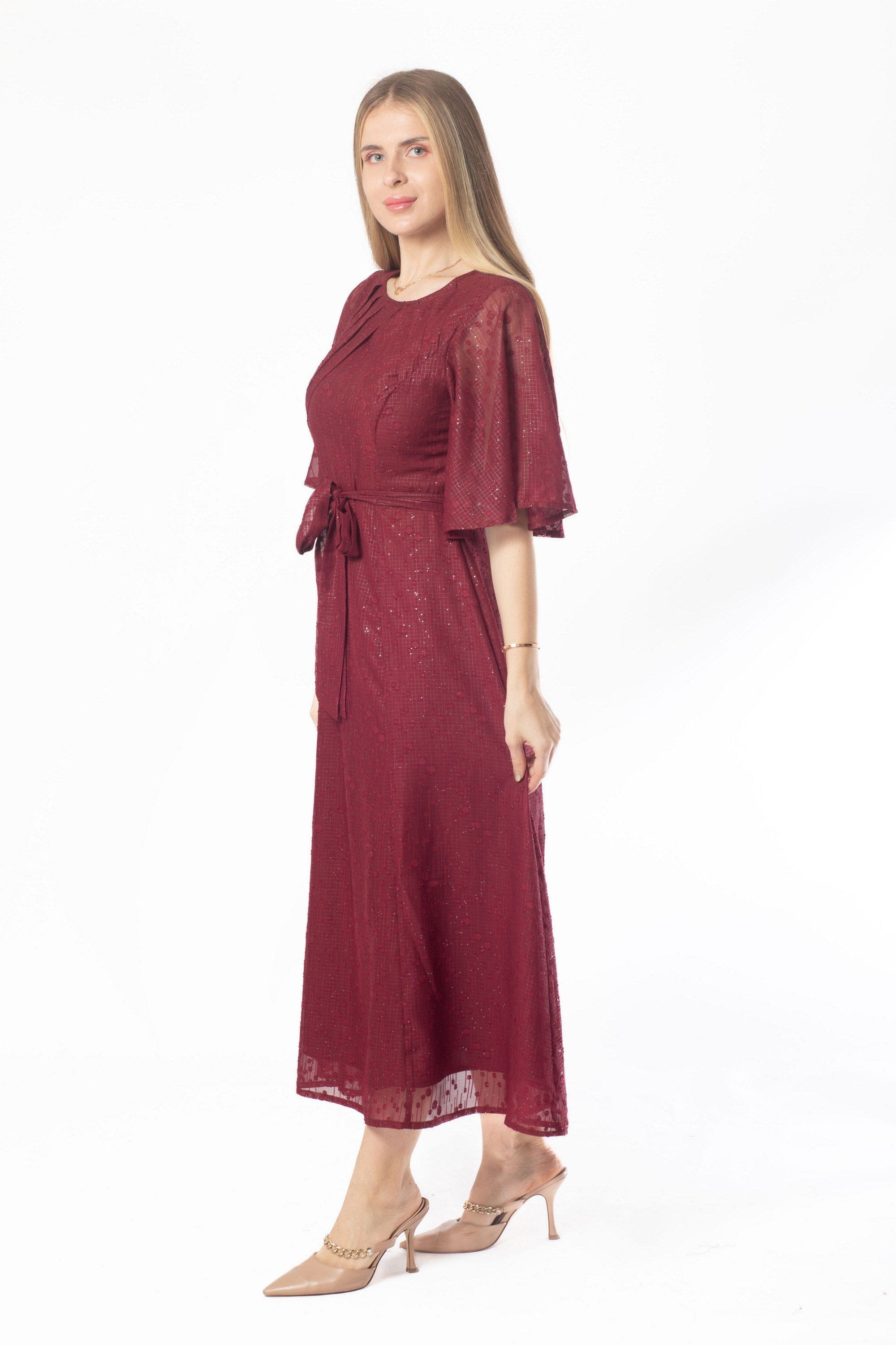 ميكا فستان ميدي لامع برباط على الخصر نص كم واسع