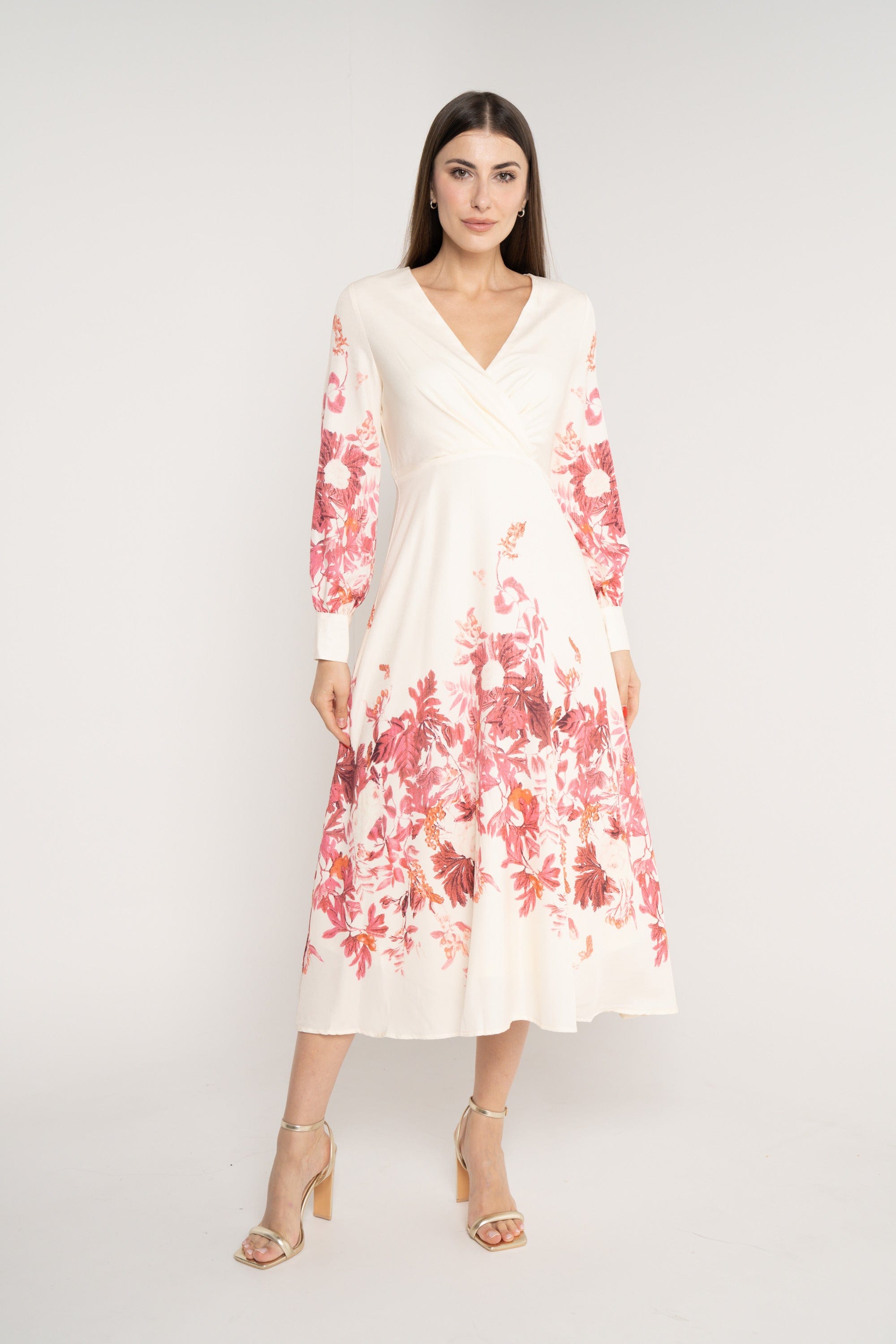 ميكا فستان ميدي مخصر مورد كم طويل بف بفتحة صدر V