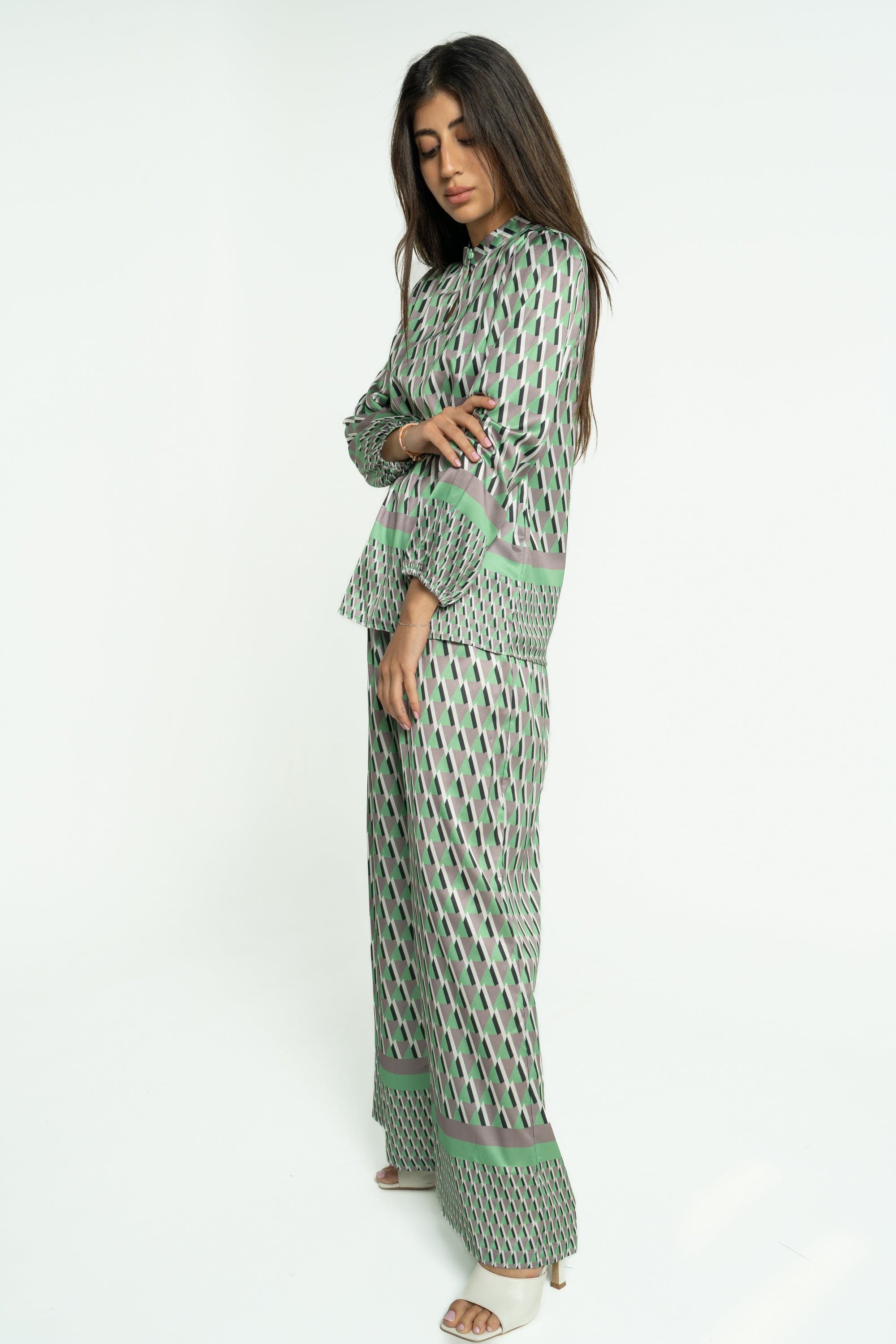 ميكا بنطلون طويل منقوش واسع نسائي أخضر فاتح