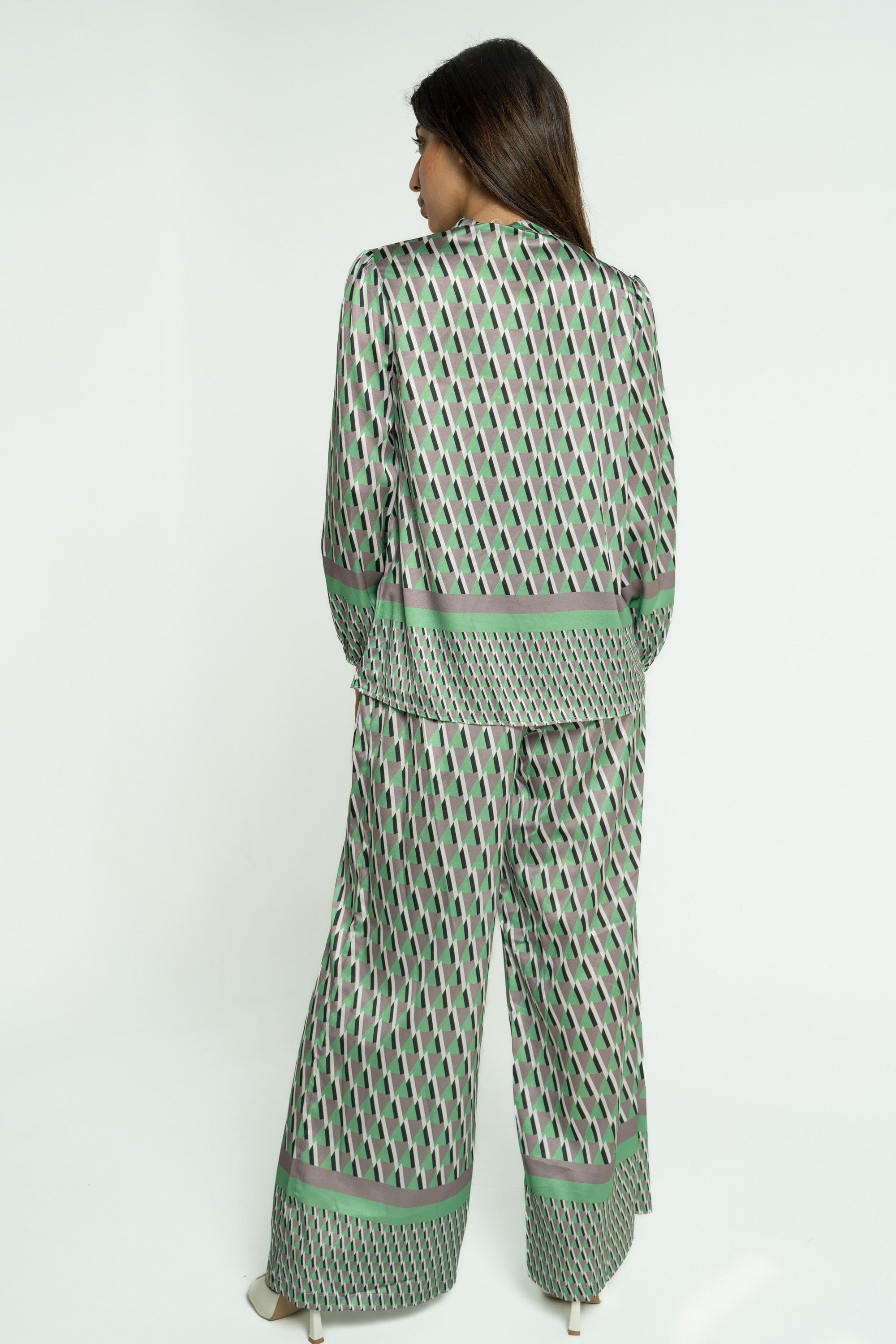 ميكا بنطلون طويل منقوش واسع نسائي أخضر فاتح