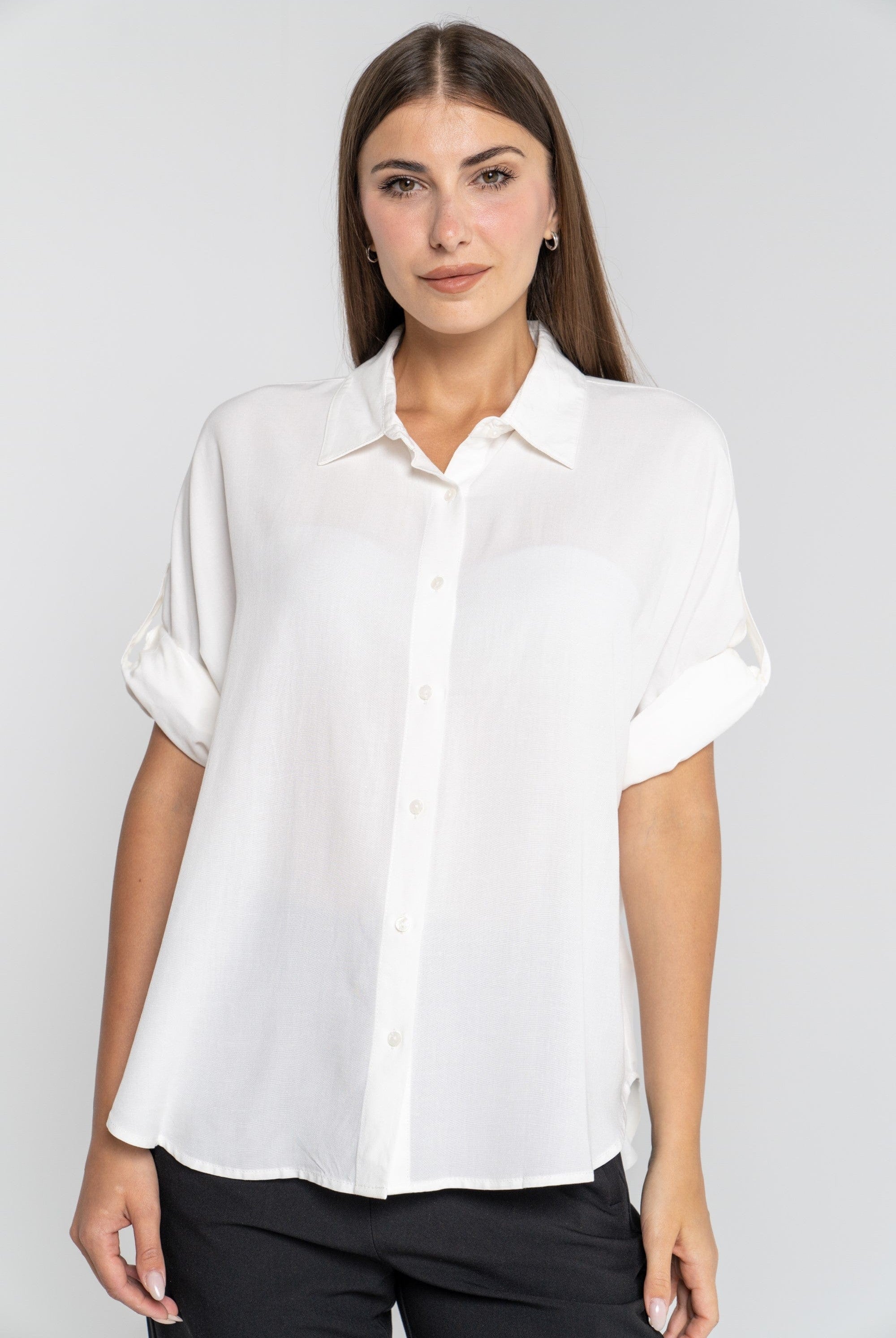 ميكا قميص 3/4 كم سادة بأزرار أمامية وياقة