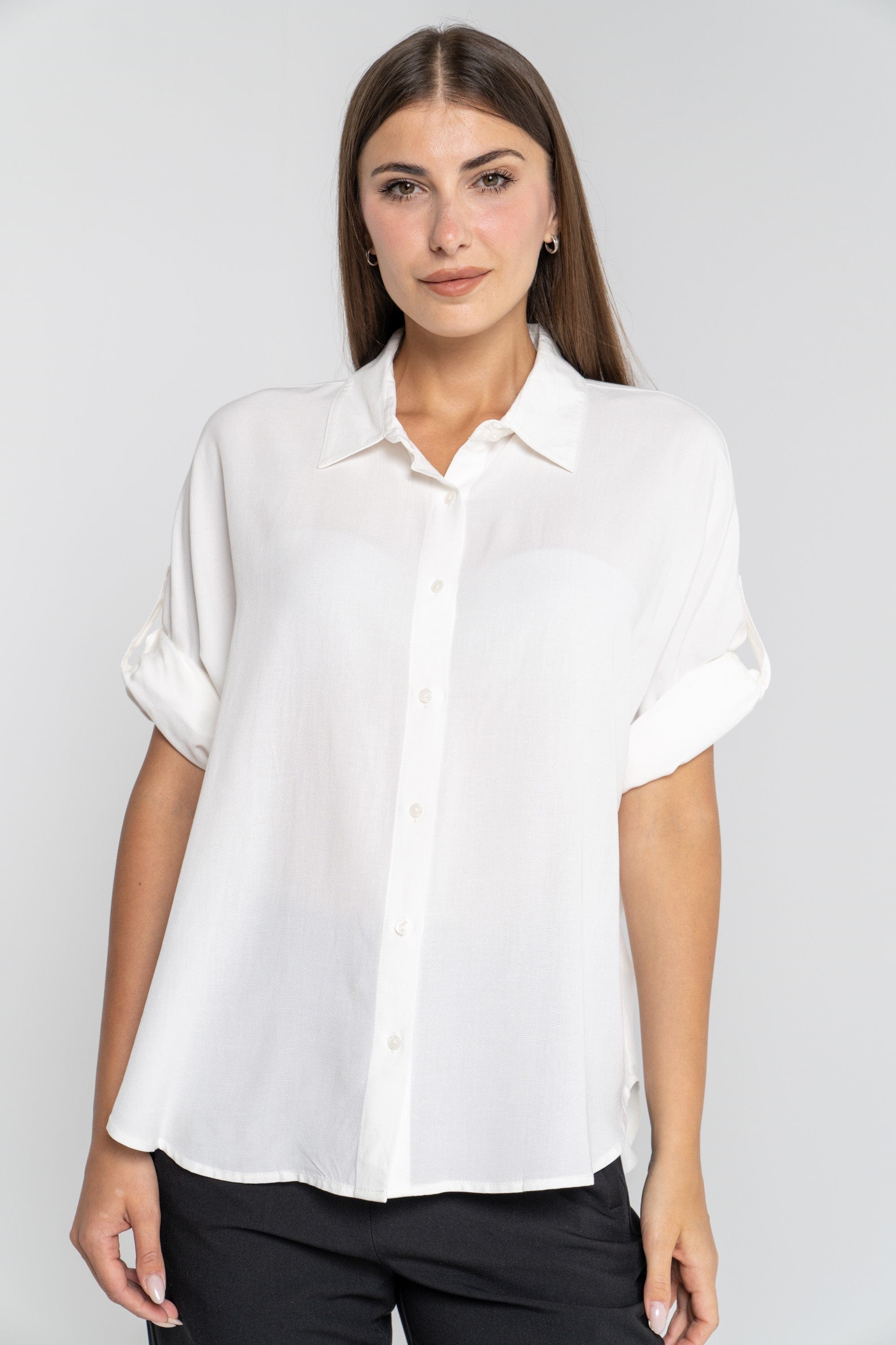 ميكا قميص 3/4 كم سادة بأزرار أمامية وياقة