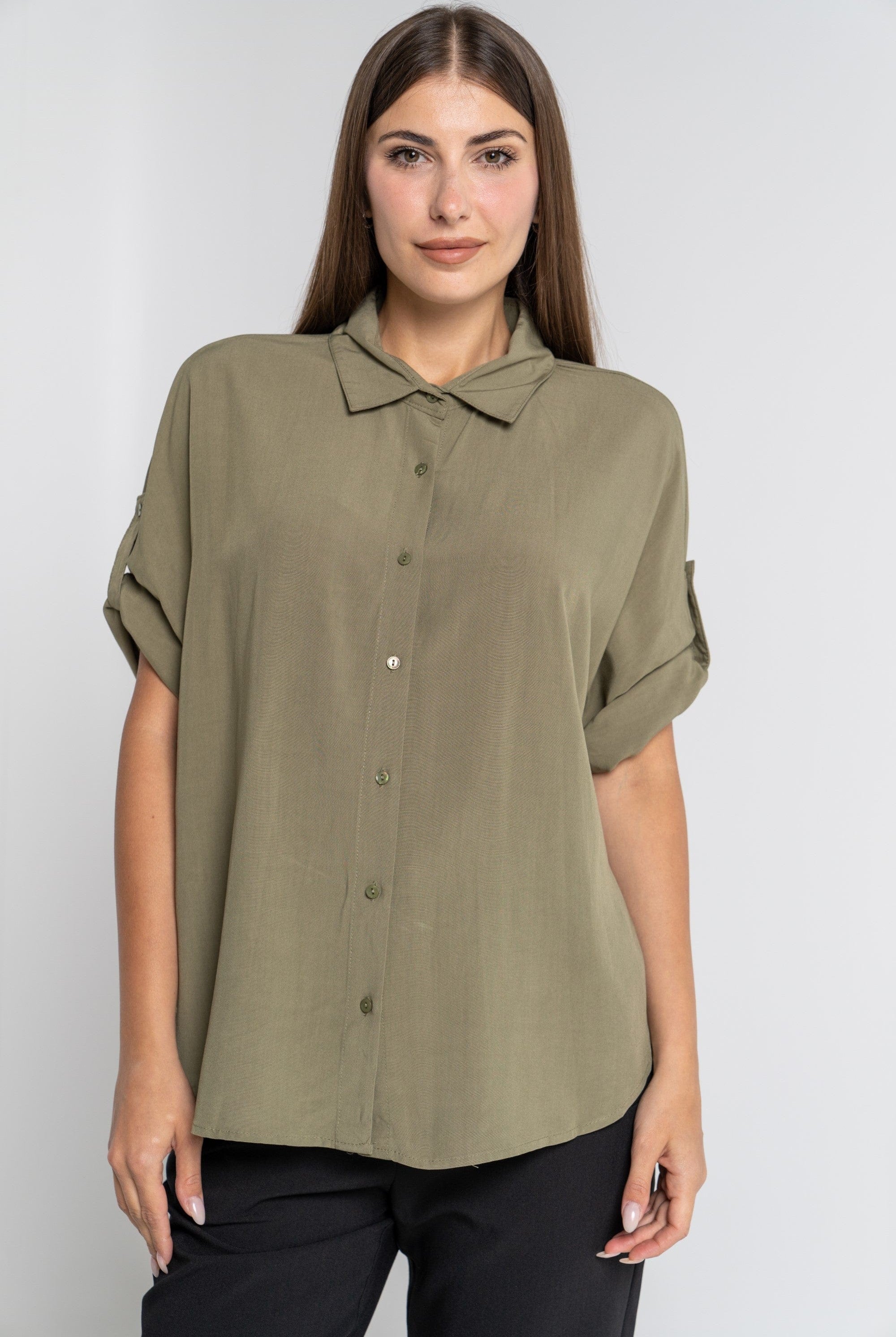 ميكا قميص 3/4 كم سادة بأزرار أمامية وياقة